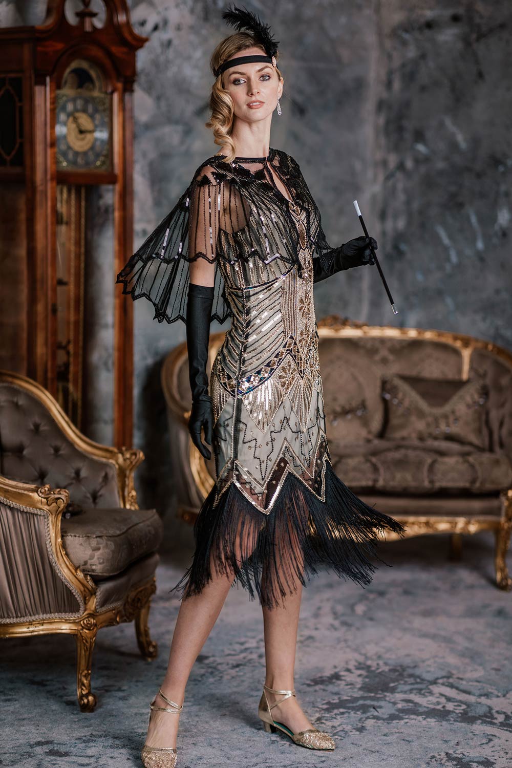 Robe Charleston Noir Cocktail Années 20 à Franges Paillettes Gatsby - Image 10