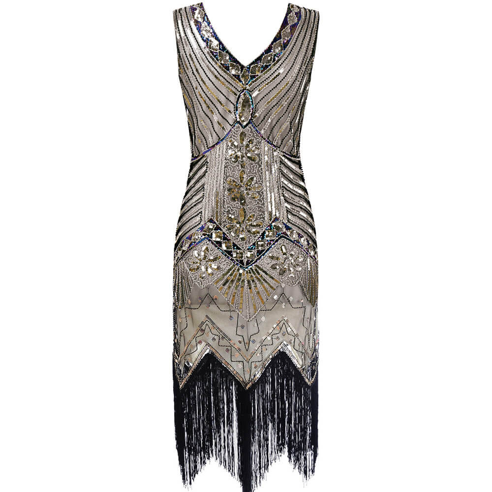 Robe Charleston Noir Cocktail Années 20 à Franges Paillettes Gatsby - Image 14