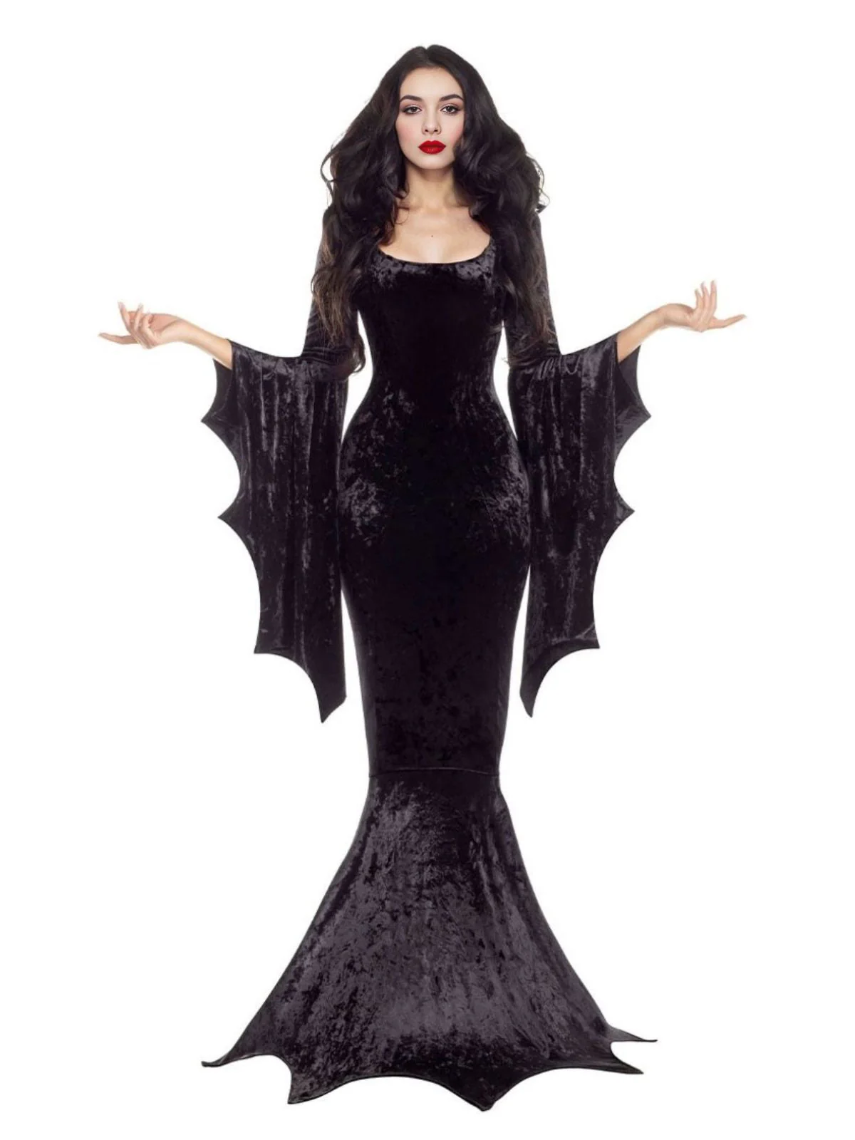 Robe sirène en velours manches chauve-souris pour Halloween des années 1930