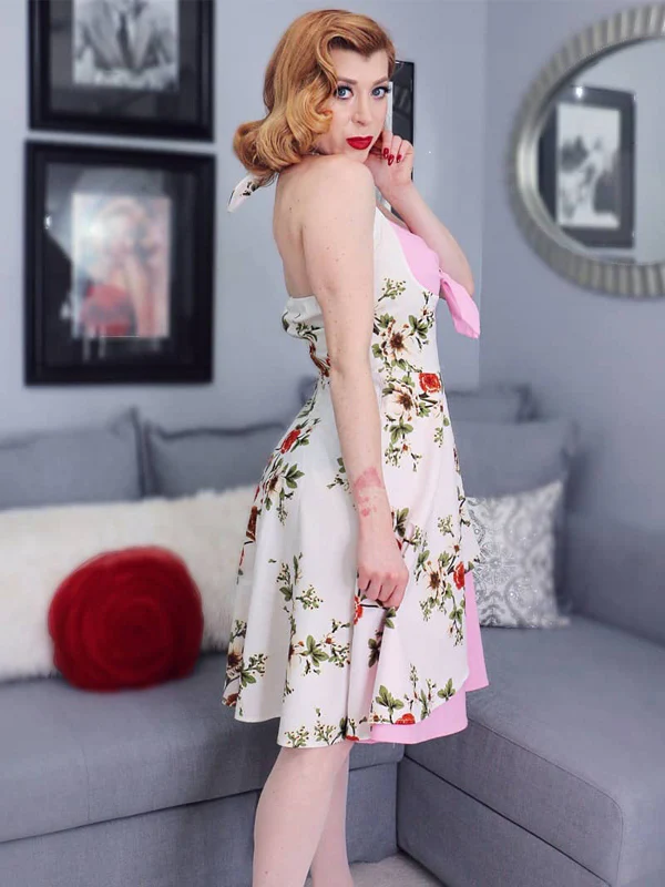 Robe Balançoire Année 50 Florale Rose à Licou - Image 3