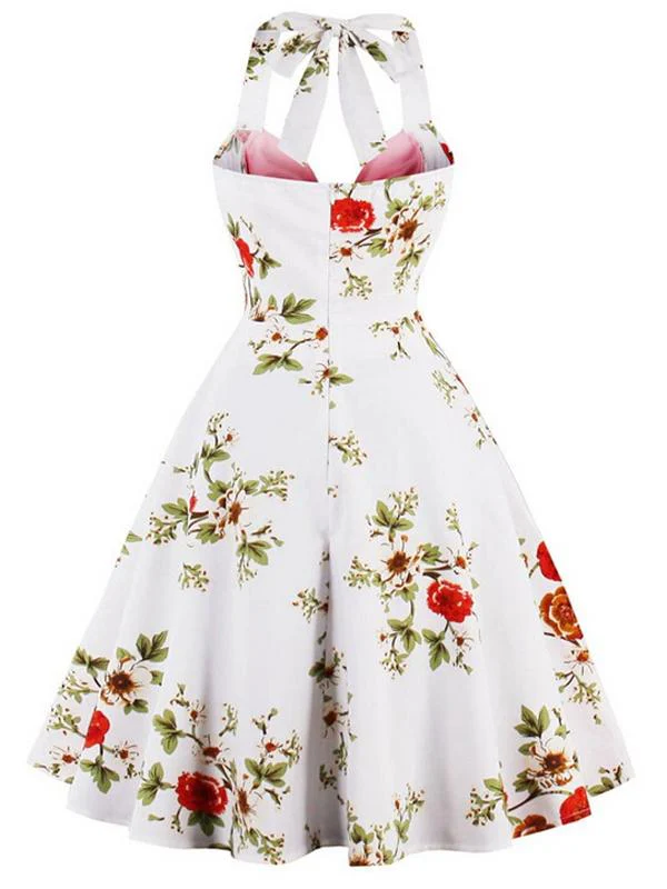 Robe Balançoire Année 50 Florale Rose à Licou - Image 4
