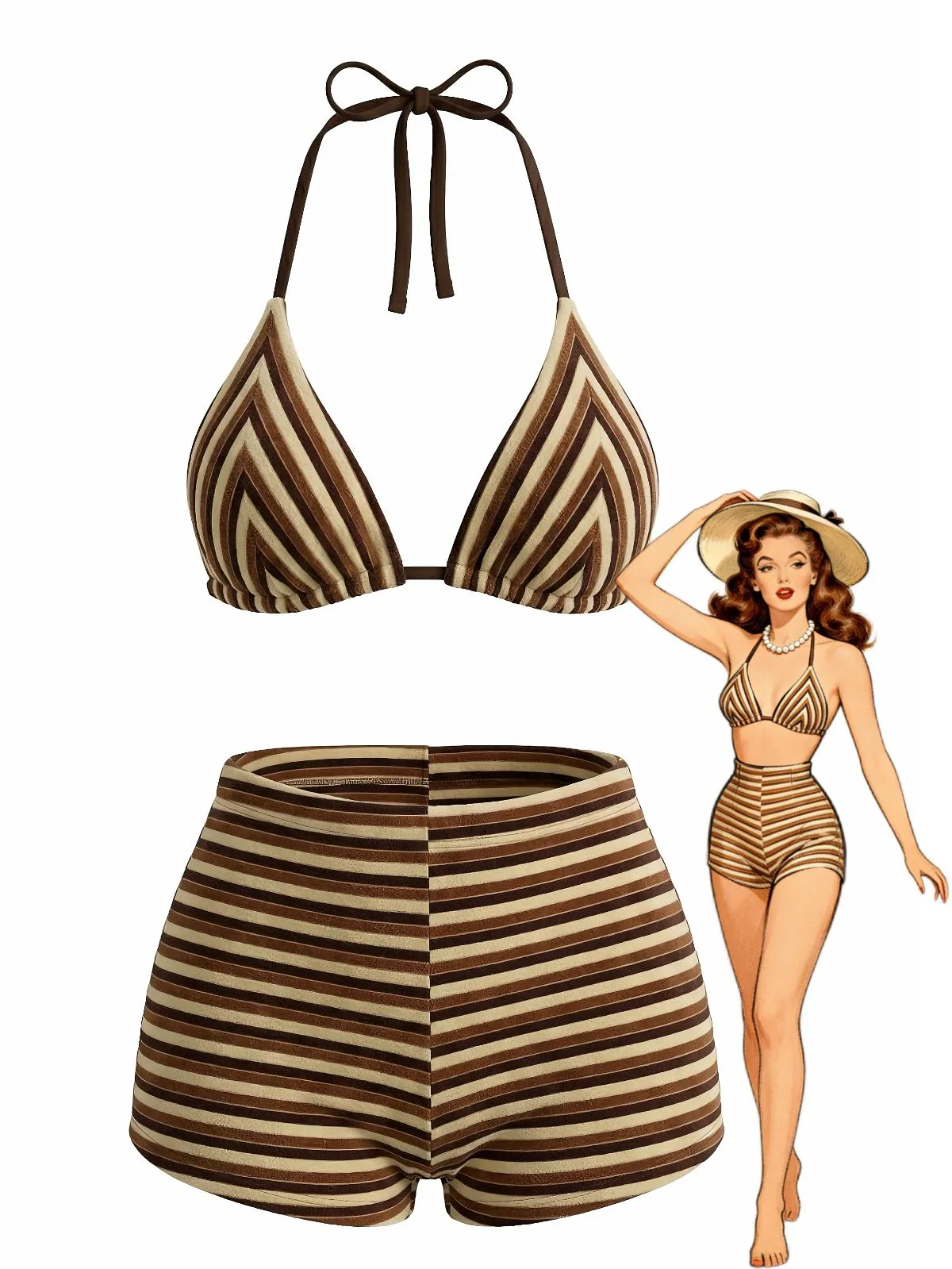 2PCS Bikini et short rayés marron éponge années 1950