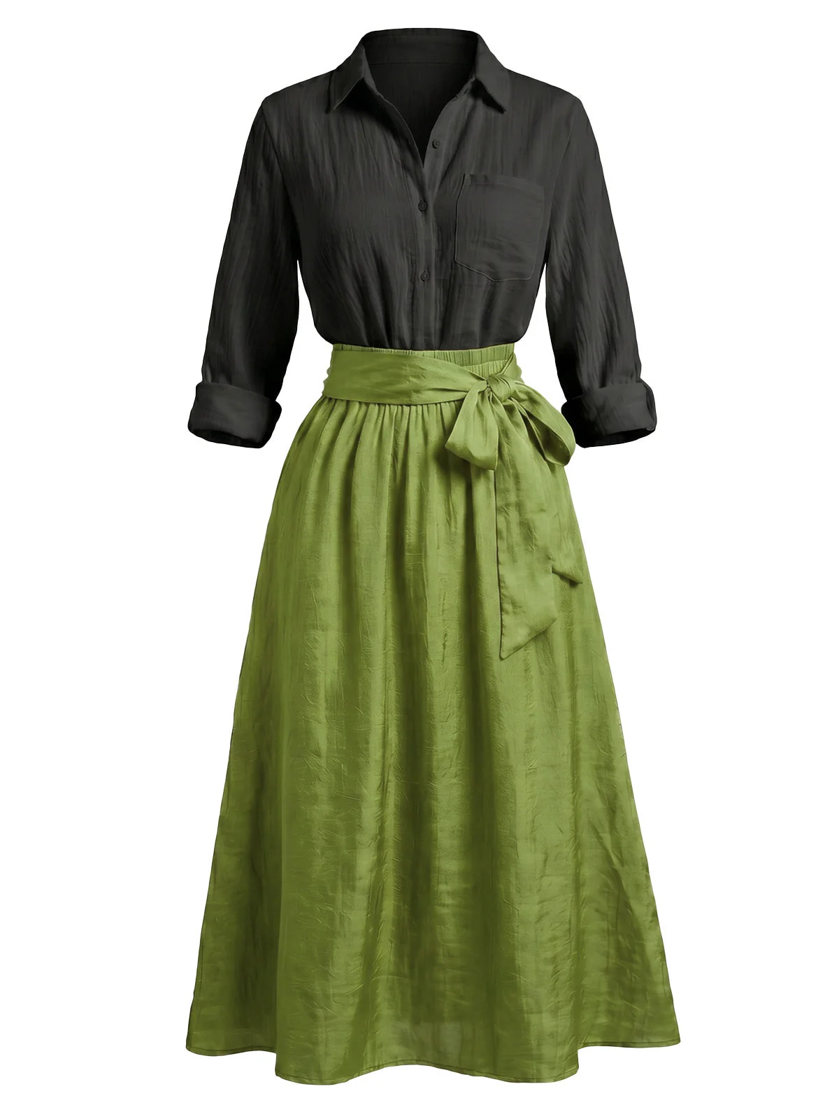 2PCS Blouse Manches Longues & Jupe Vert Années 1950 - Image 3