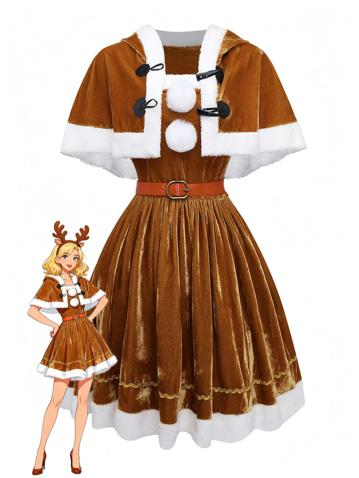 2PCS Cape de Noël marron et robe en velours des années 1940 - Image 2