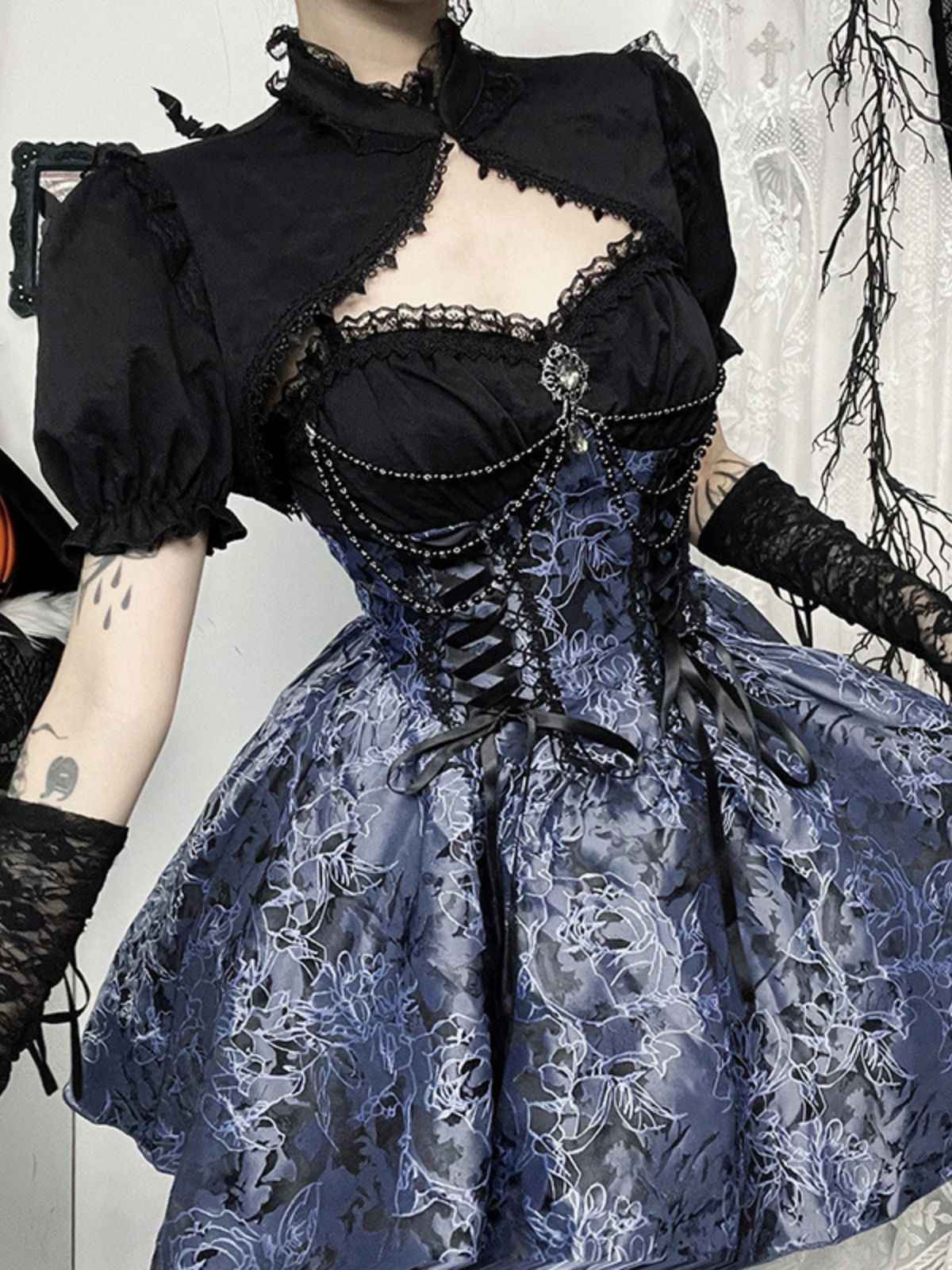 2PCS Châle et robe à lacets brodée de fleurs gothique noire et bleue des années 1980 - Image 3
