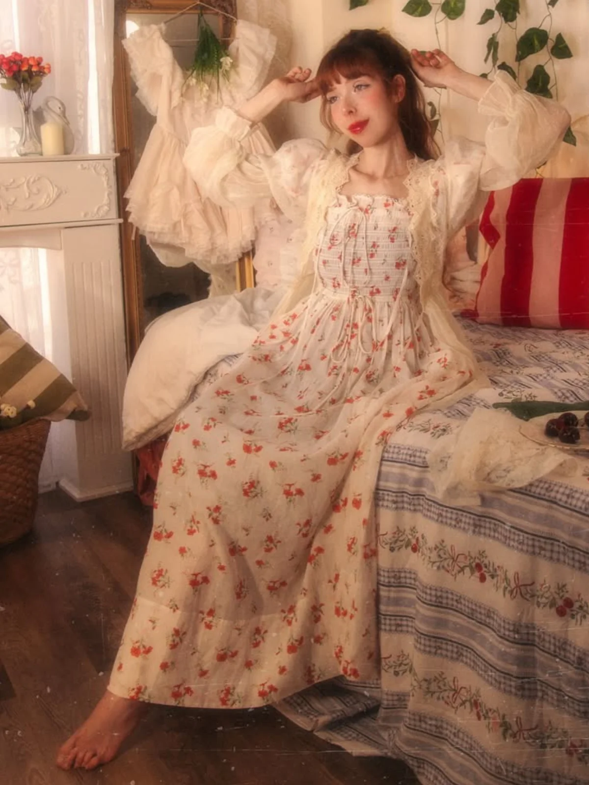 2PCS Chemise de nuit et peignoir fendus à bretelles florales abricot années 1950 - Image 2