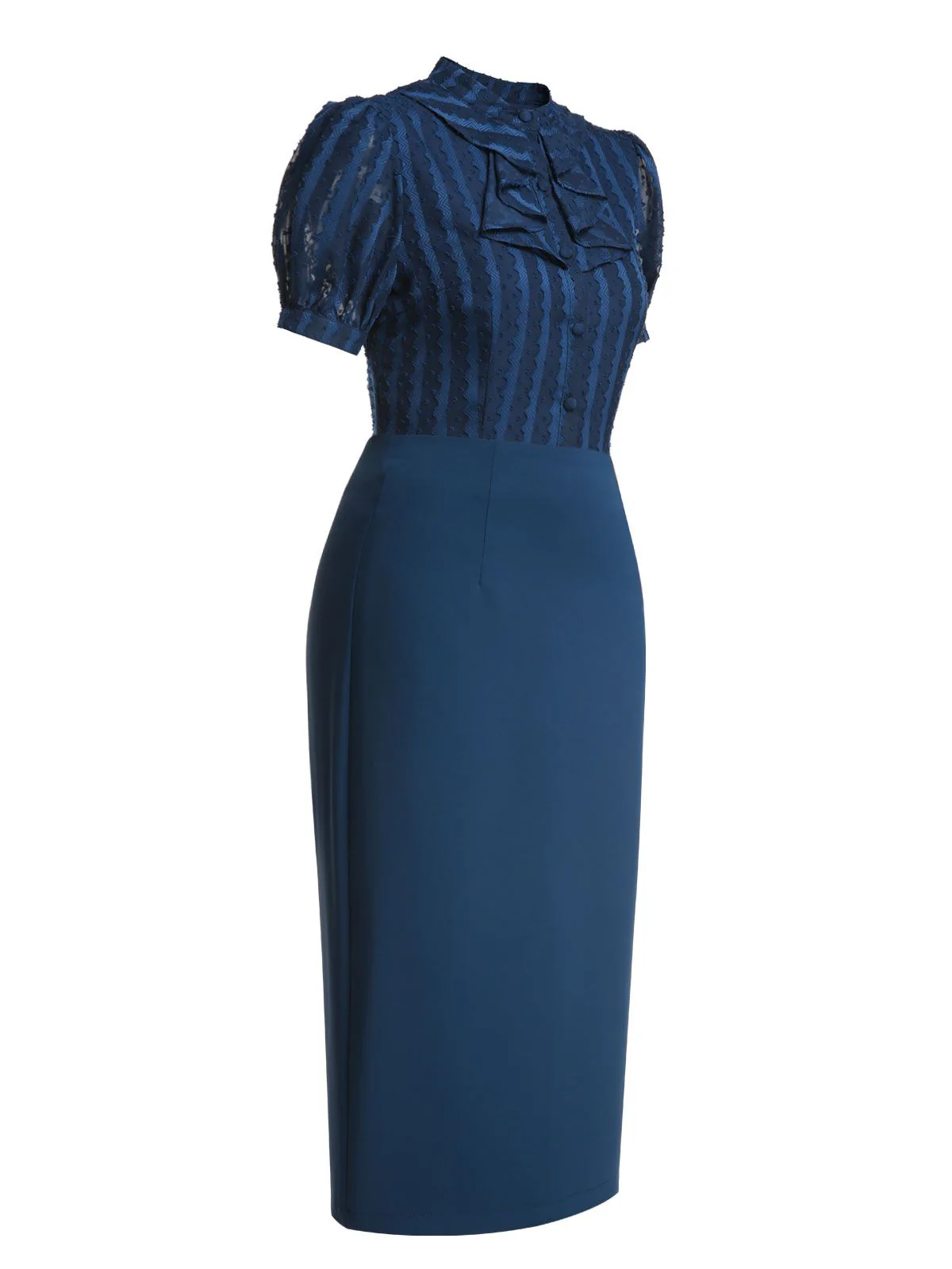 2PCS Chemise rayée bleu marine des années 1960 et jupe crayon unies - Image 3