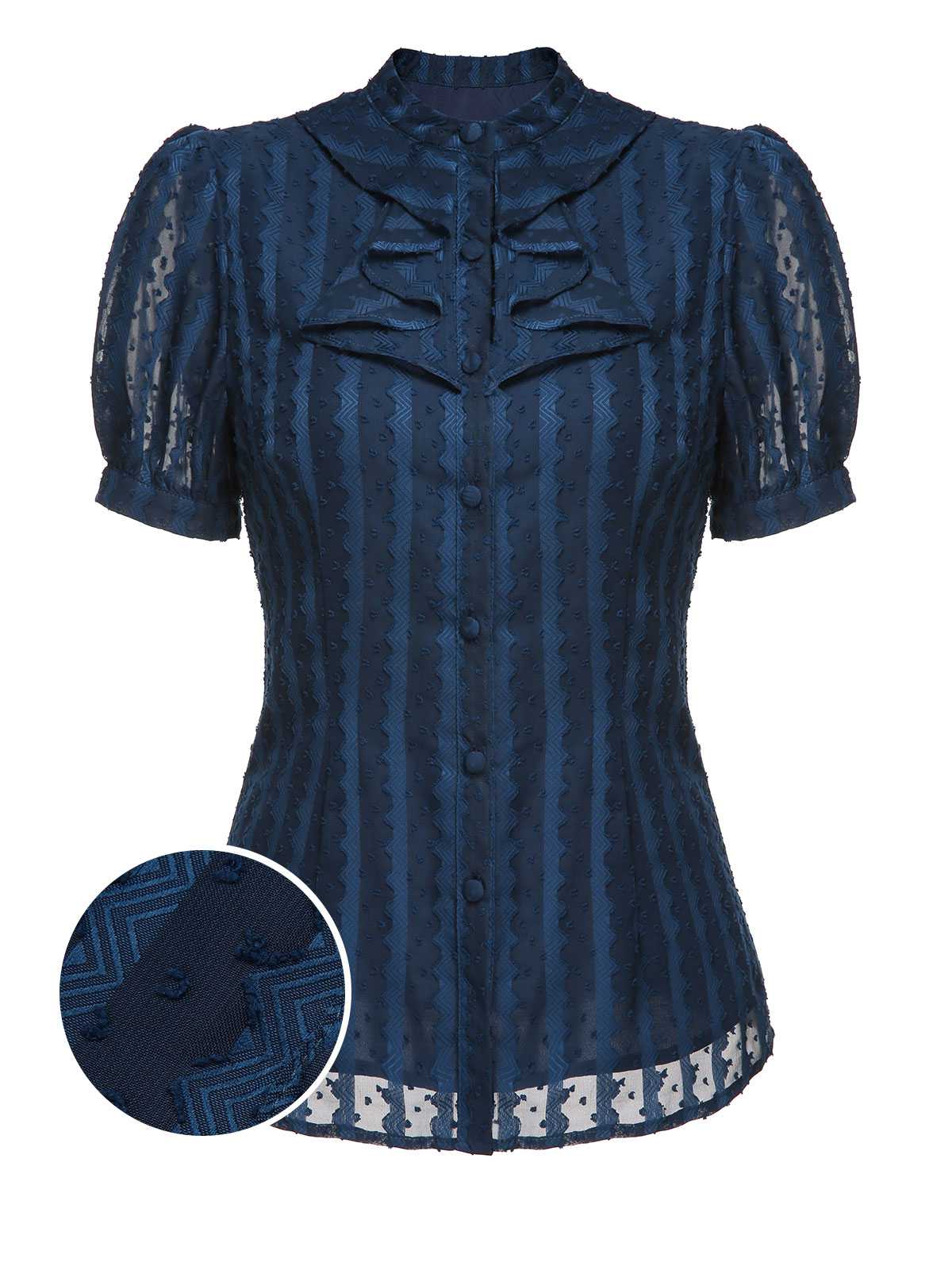 2PCS Chemise rayée bleu marine des années 1960 et jupe crayon unies - Image 5