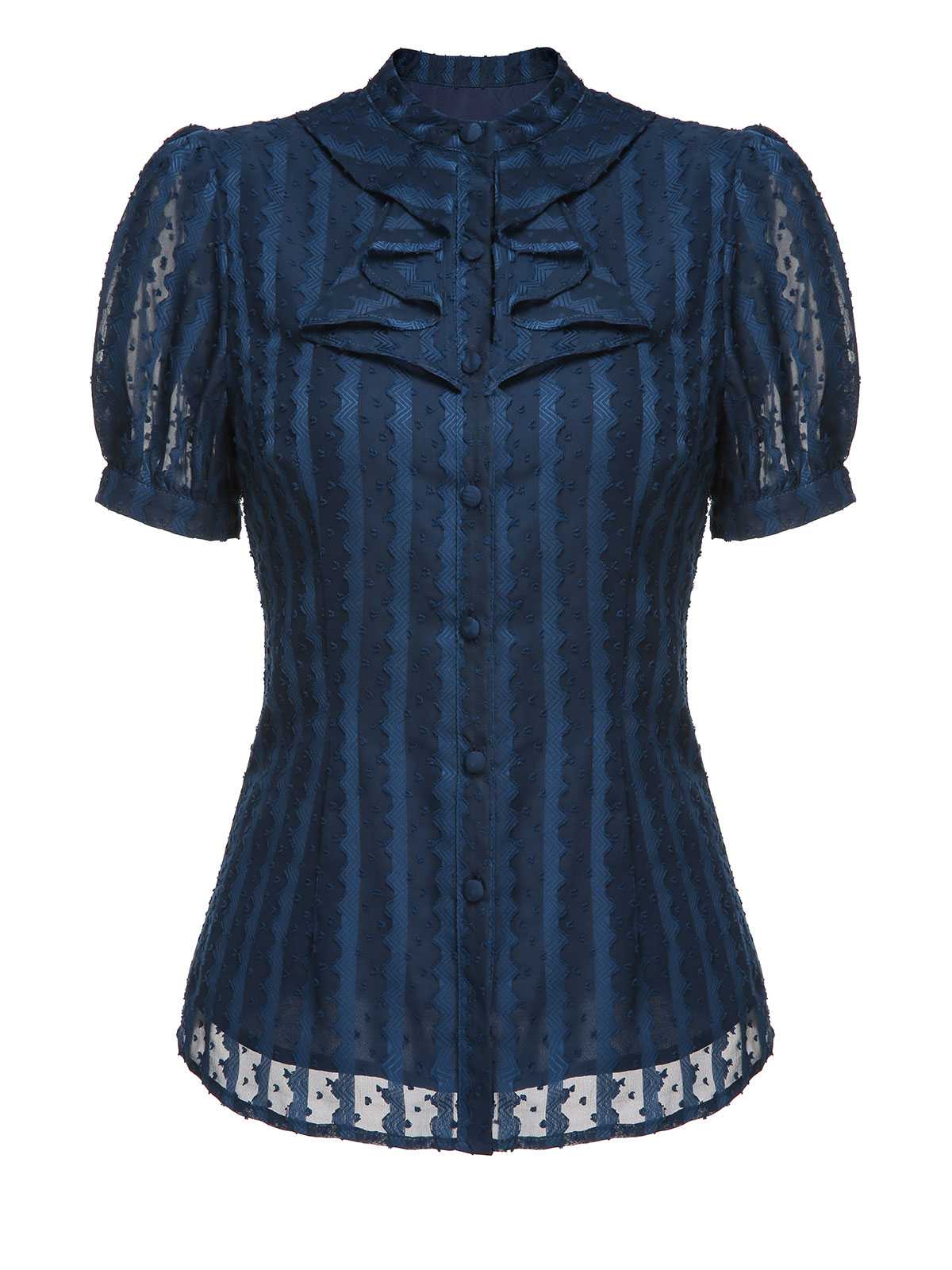 2PCS Chemise rayée bleu marine des années 1960 et jupe crayon unies - Image 6