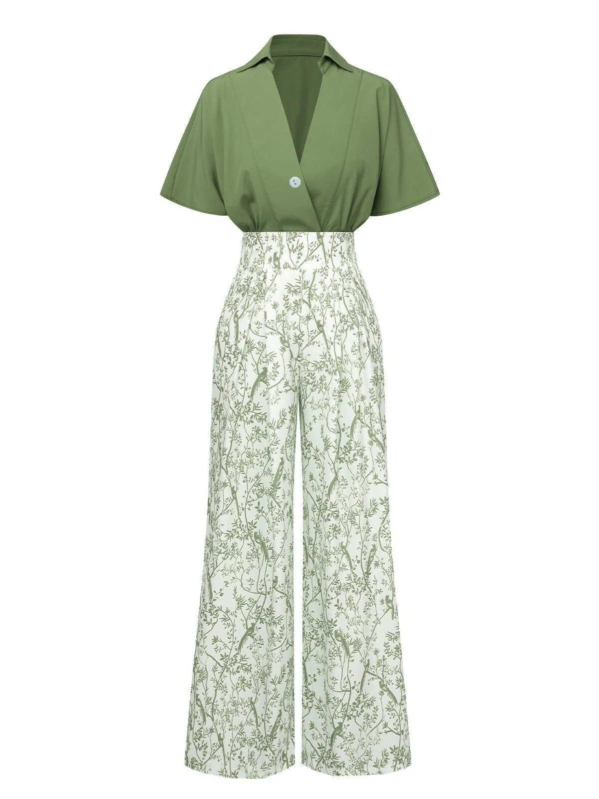 2PCS Chemisier Dolman solide et pantalon floral verte des années 1930