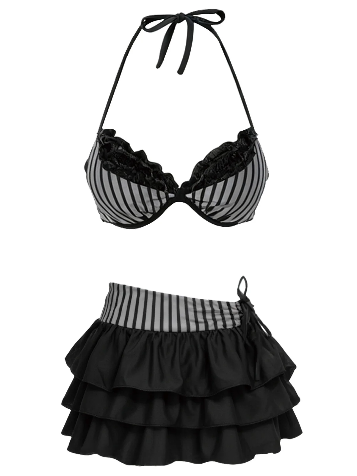 2PCS Ensemble bikini dos nu rayé rose et paréo à volants années 60 - Image 5