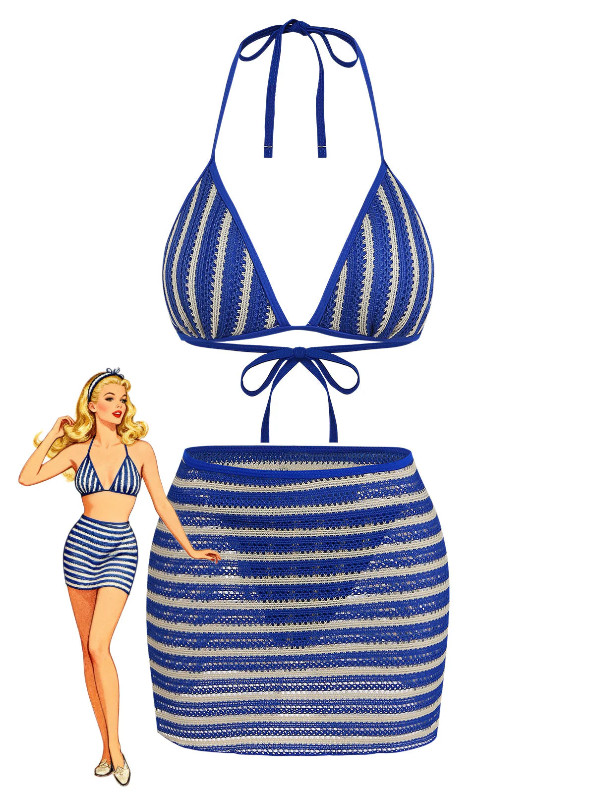 2PCS Ensemble bikini rayé bleu avec paréo années 60