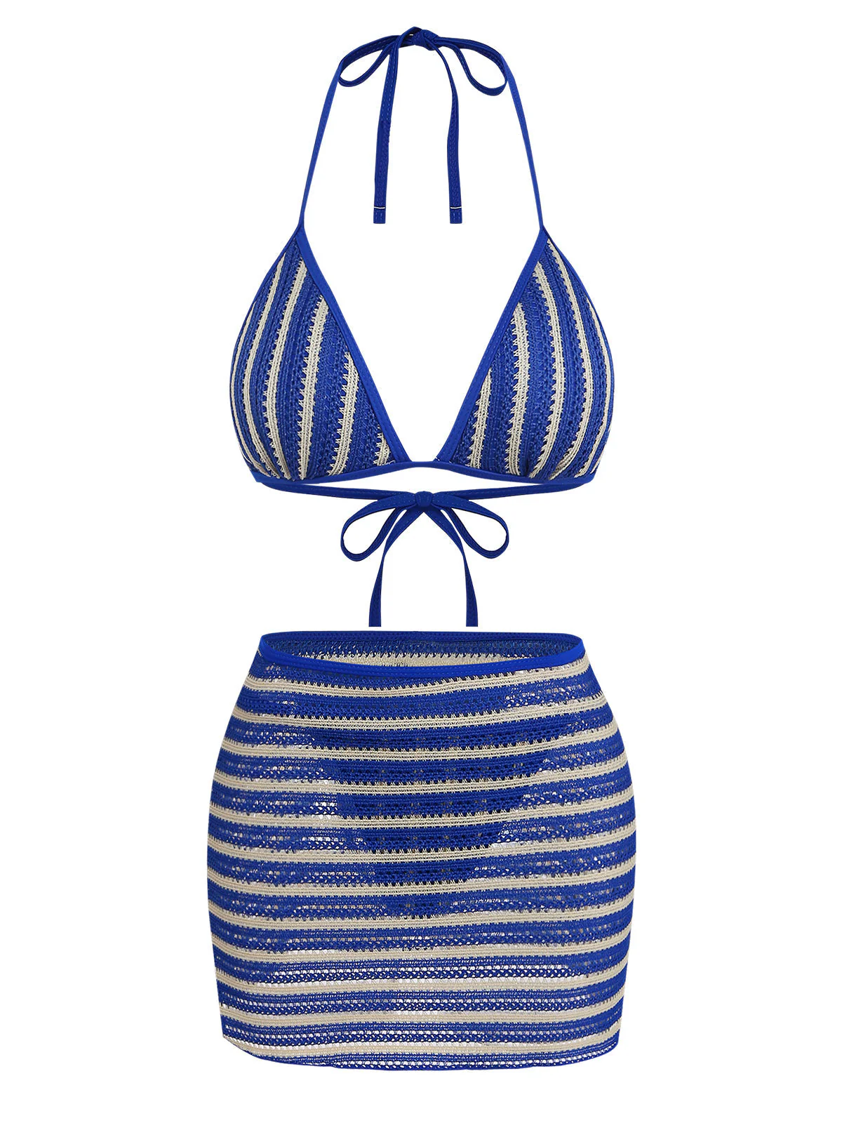2PCS Ensemble bikini rayé bleu avec paréo années 60 - Image 2