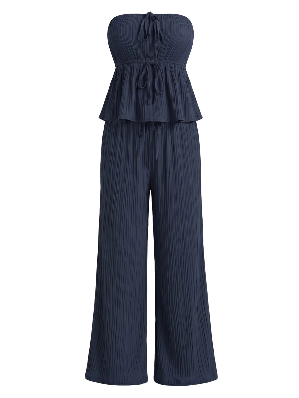 2PCS Ensemble bleu haut texturé volants et sans bretelles et pantalon années 50 - Image 2