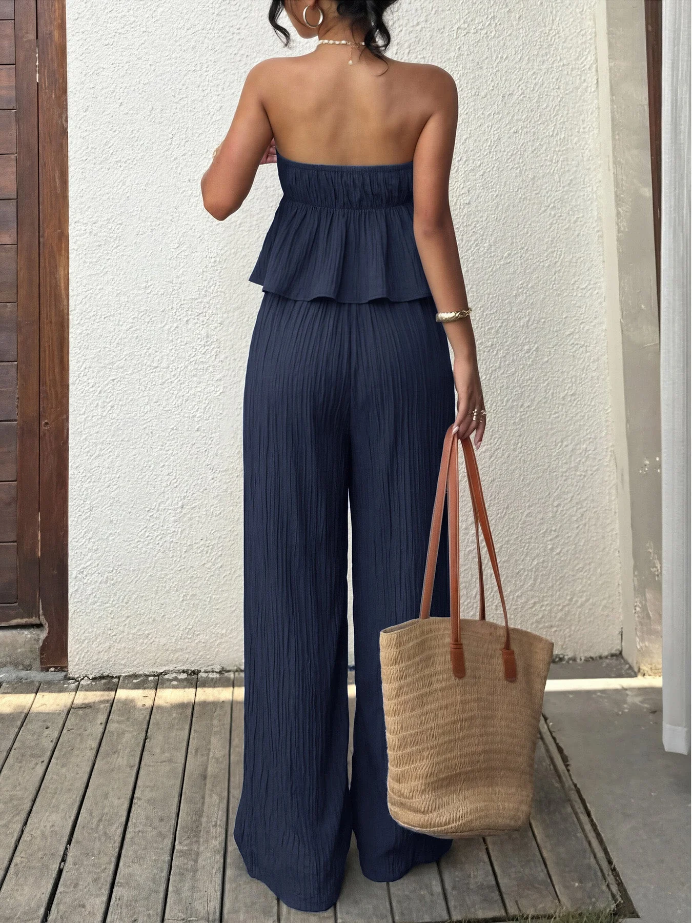 2PCS Ensemble bleu haut texturé volants et sans bretelles et pantalon années 50 - Image 5