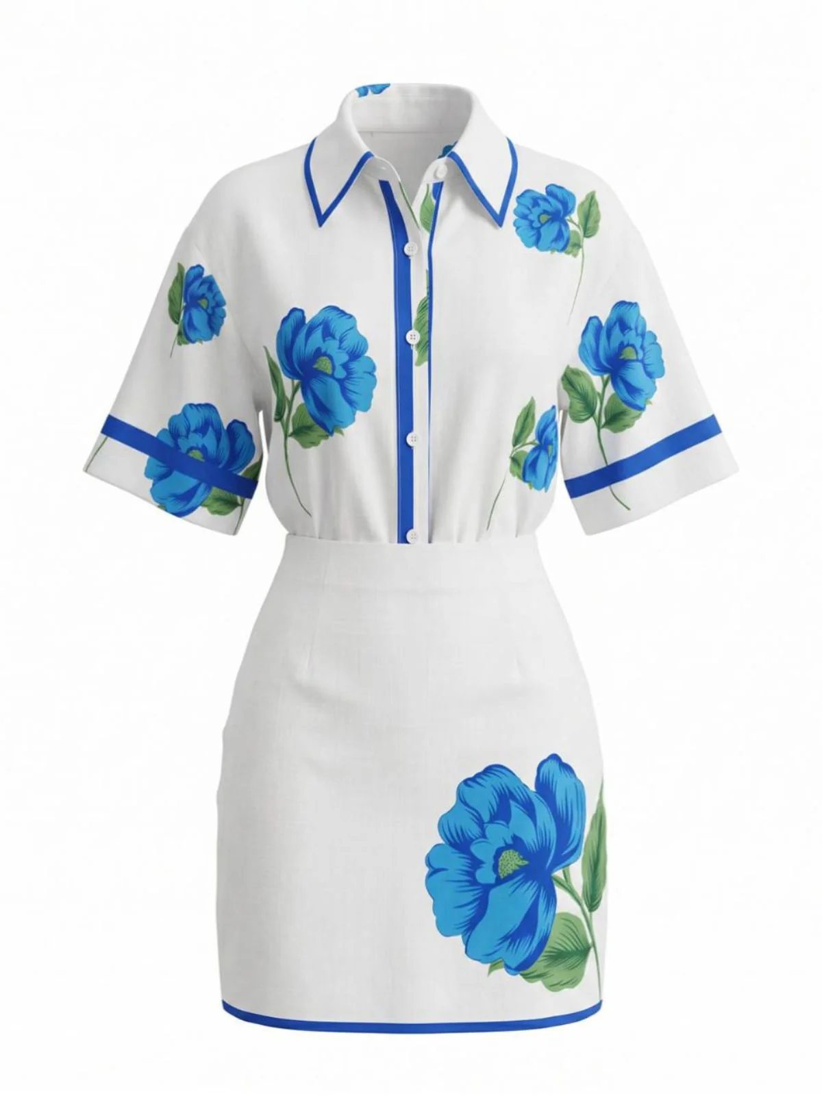 2PCS Ensemble chemise et mini-jupe bleus motif floral années 1960 - Image 2