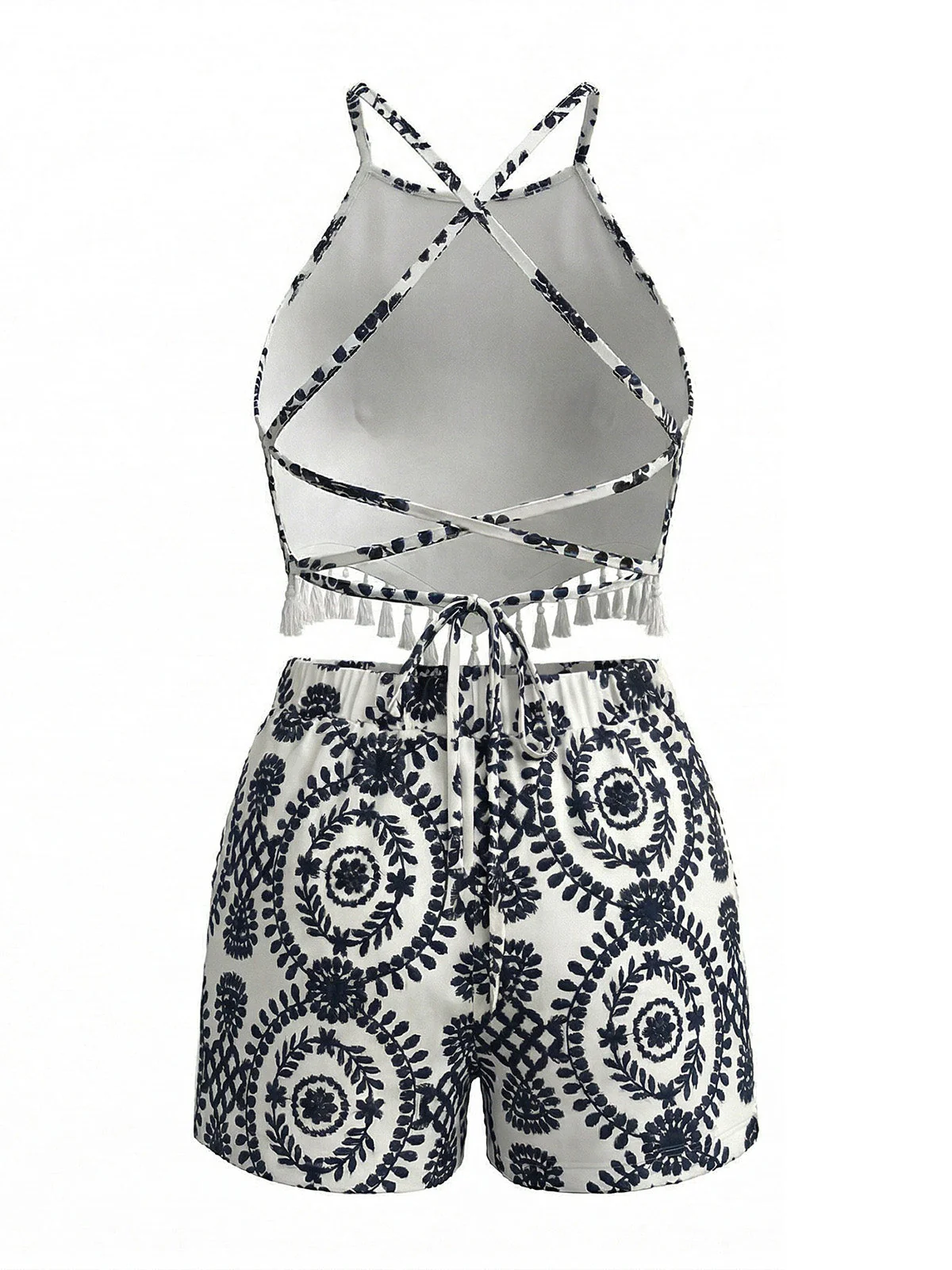 2PCS Ensemble crop top dos nu pompons et short motif floral années 70 - Image 2