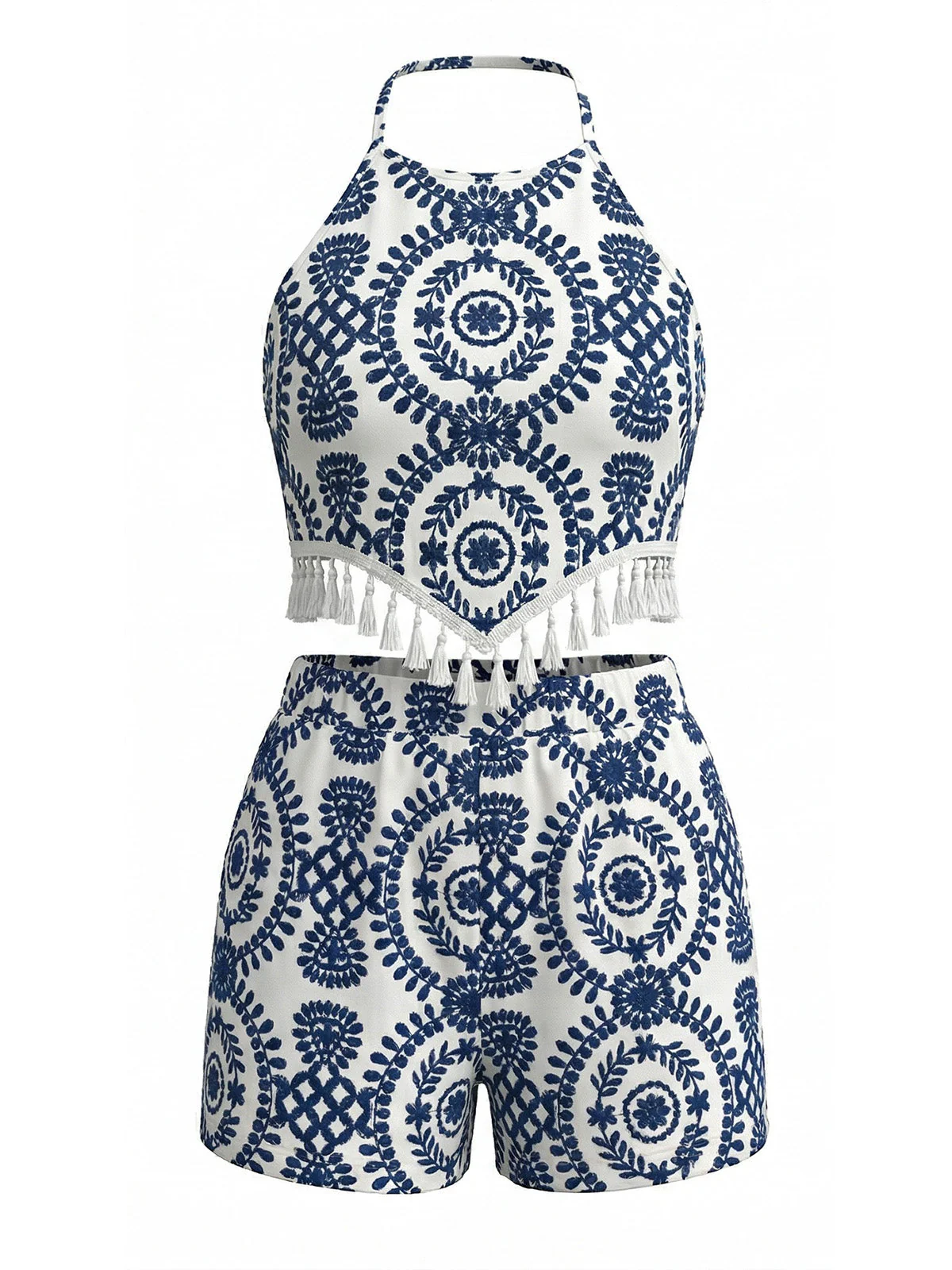 2PCS Ensemble crop top dos nu pompons et short motif floral années 70 - Image 3