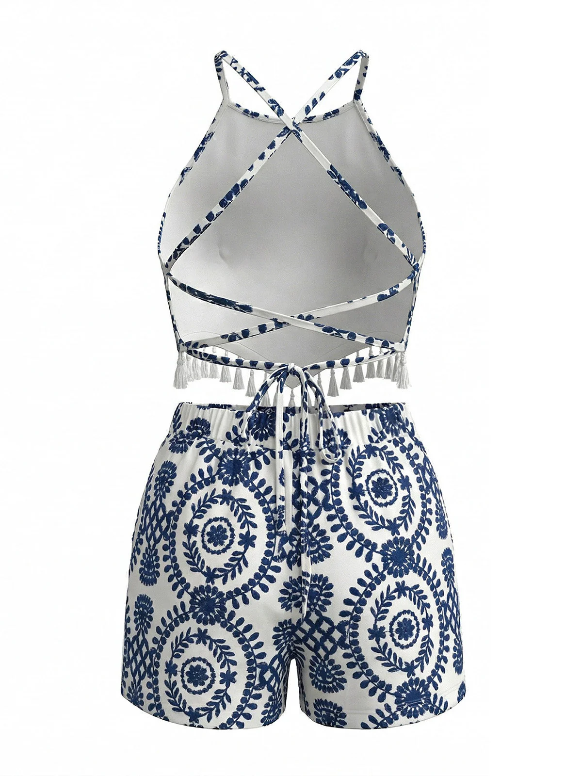 2PCS Ensemble crop top dos nu pompons et short motif floral années 70 - Image 4