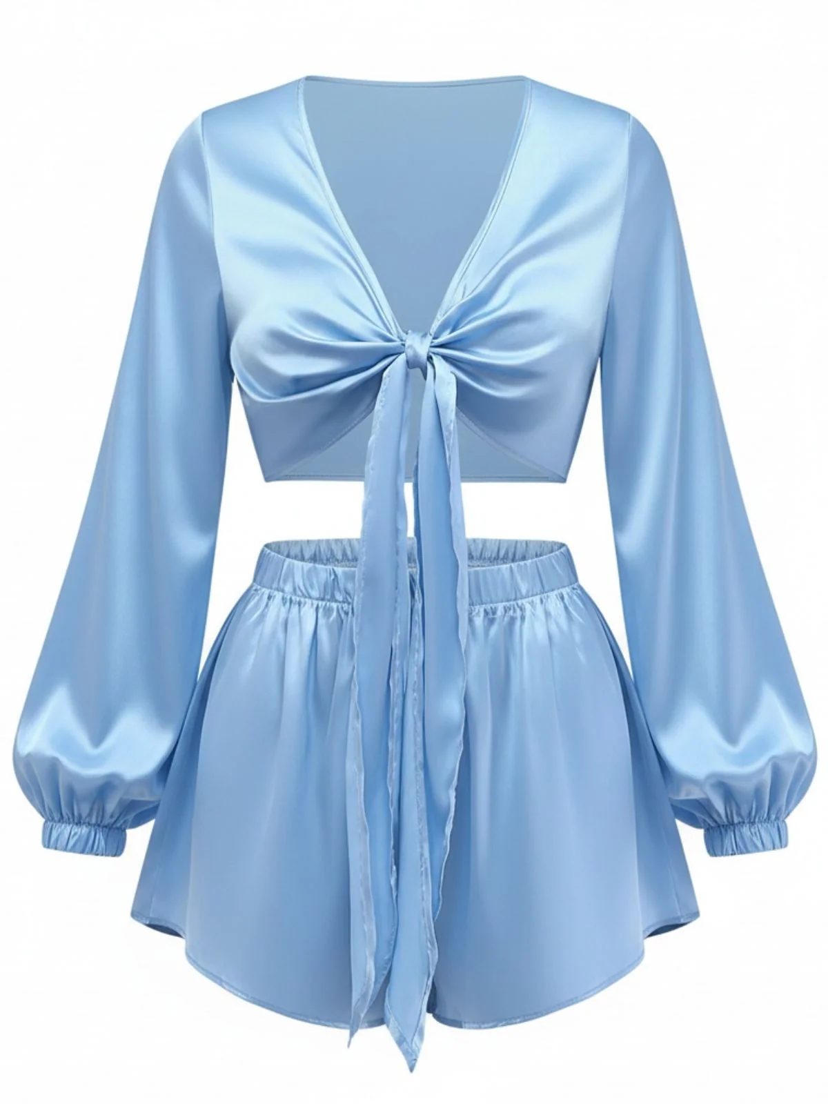 2PCS Ensemble crop top et short en satin à nouer sur le devant années 1960