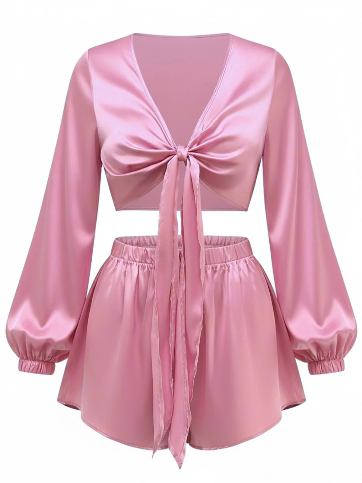 2PCS Ensemble crop top et short en satin à nouer sur le devant années 1960 - Image 8