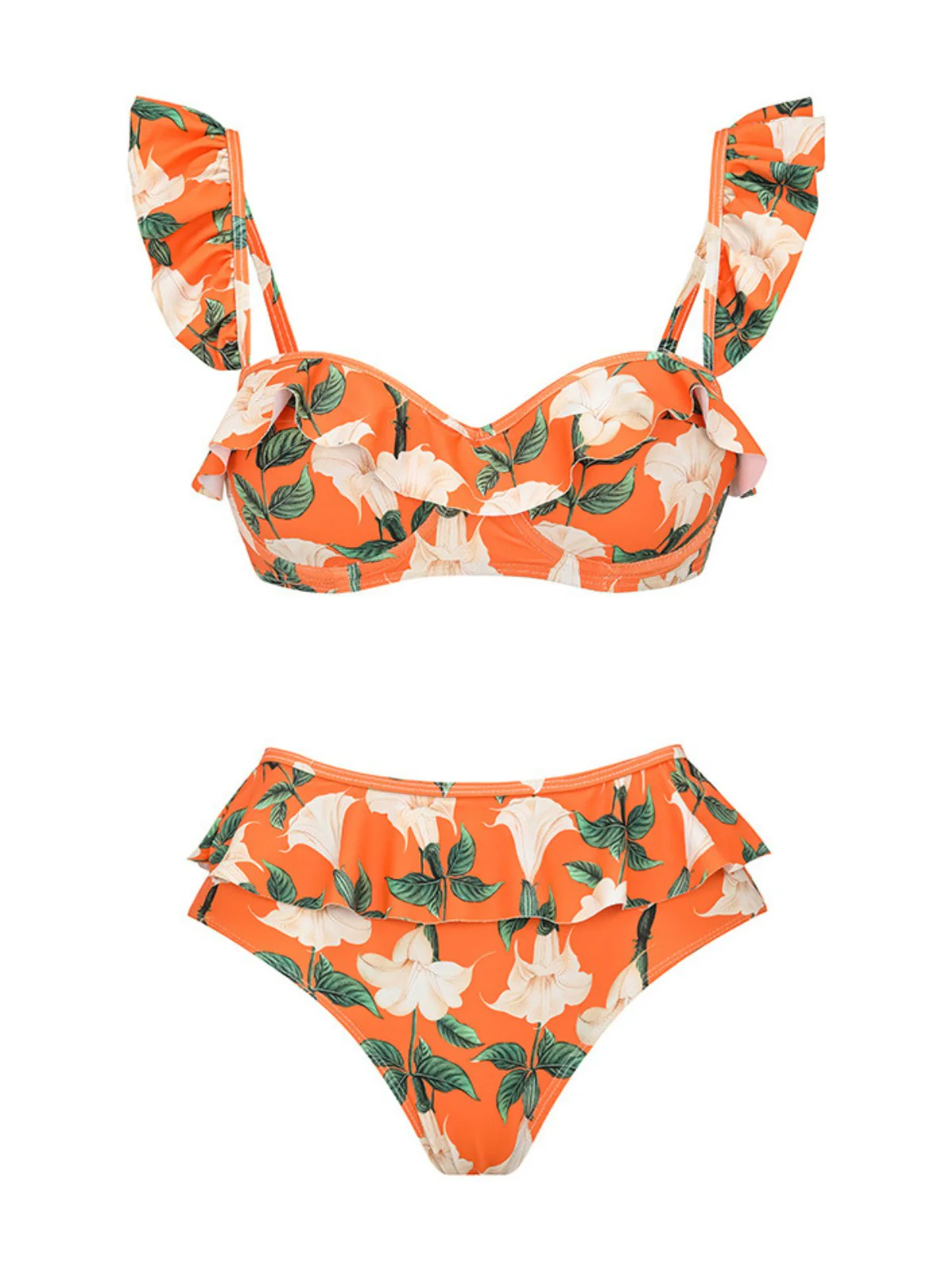 2PCS Ensemble de bikini et cache maillot à fleurs volants orange années 1940 - Image 2