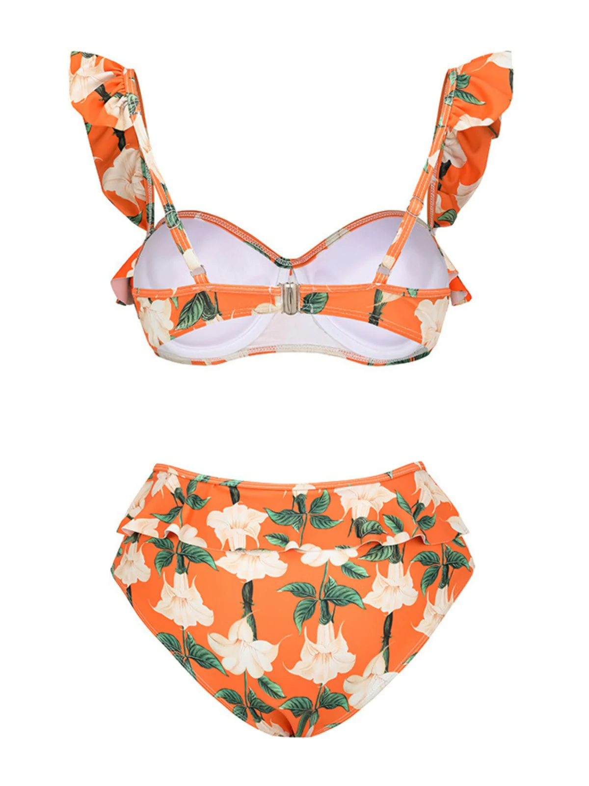 2PCS Ensemble de bikini et cache maillot à fleurs volants orange années 1940 - Image 3