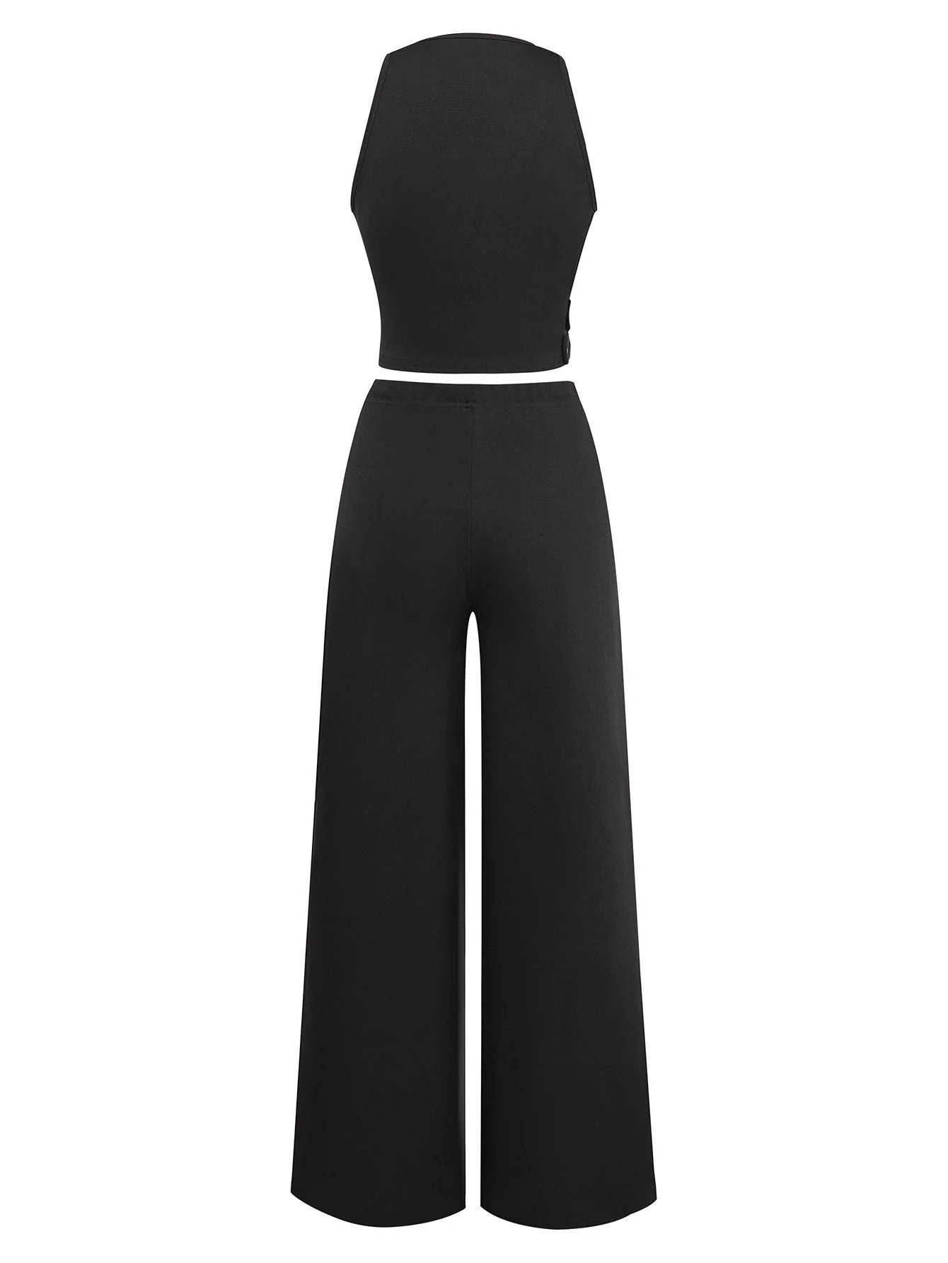 2PCS Ensemble Gilet et Pantalon Solide Col V Profond Ceinturé Années 1950 - Image 9
