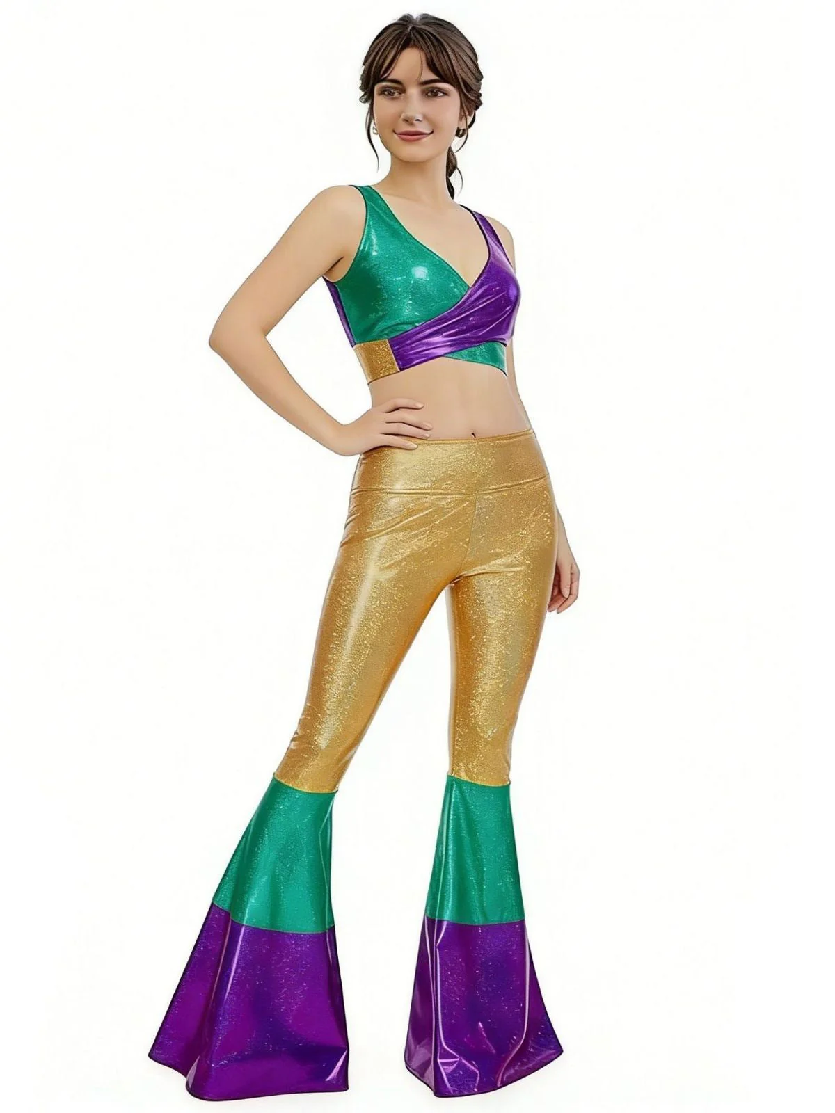 2PCS Ensemble Haut Court Métallisé Pantalon Évasé Année 1970 - Image 3