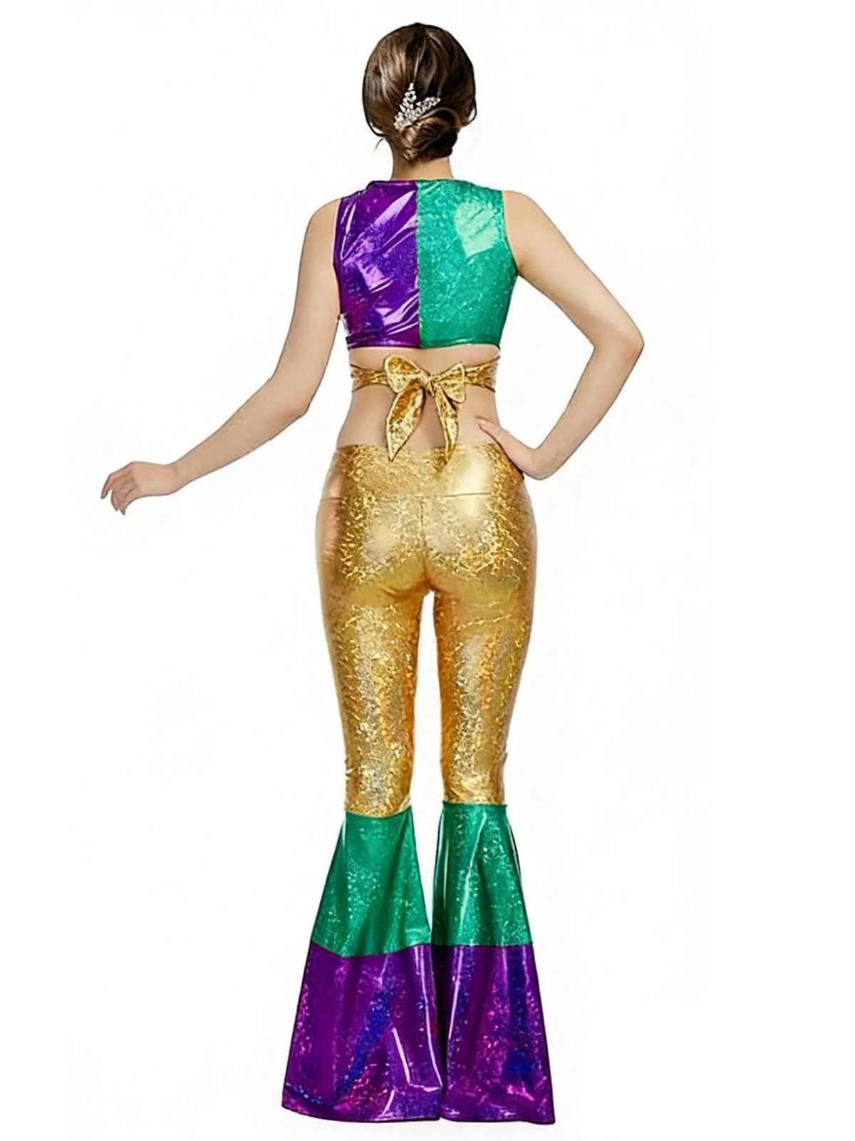 2PCS Ensemble Haut Court Métallisé Pantalon Évasé Année 1970 - Image 5
