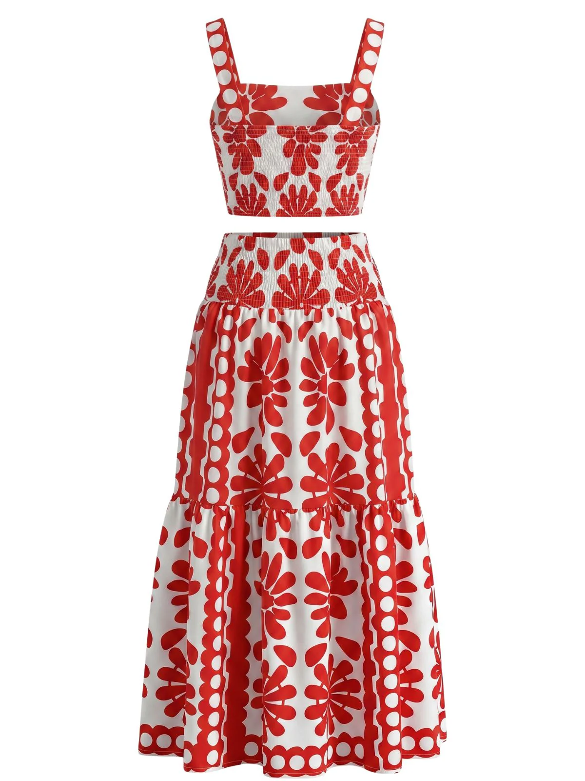 2PCS Ensemble haut encolure carrée motif floral géométrique et jupe longue années 1960 - Image 3