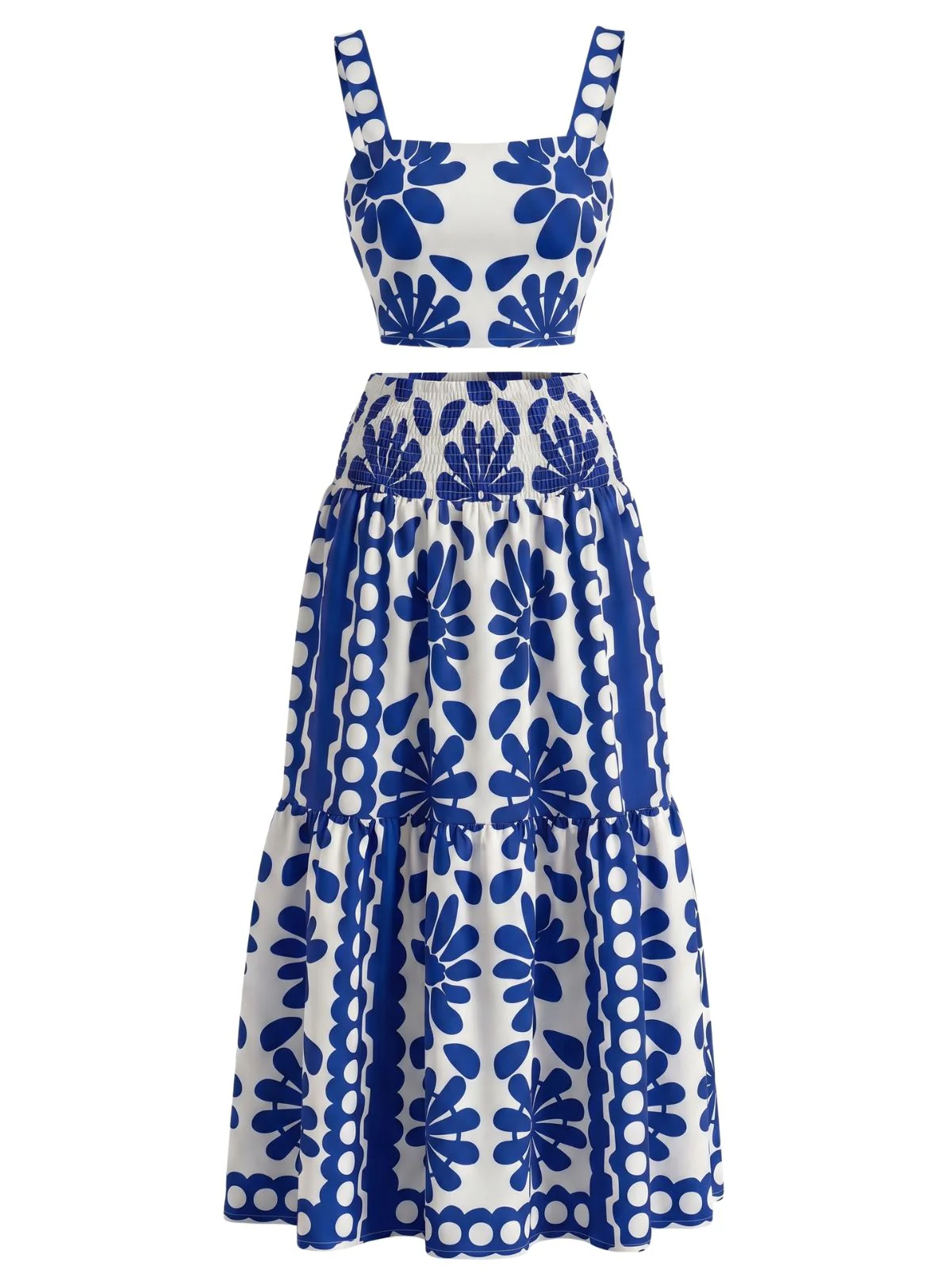 2PCS Ensemble haut encolure carrée motif floral géométrique et jupe longue années 1960 - Image 9