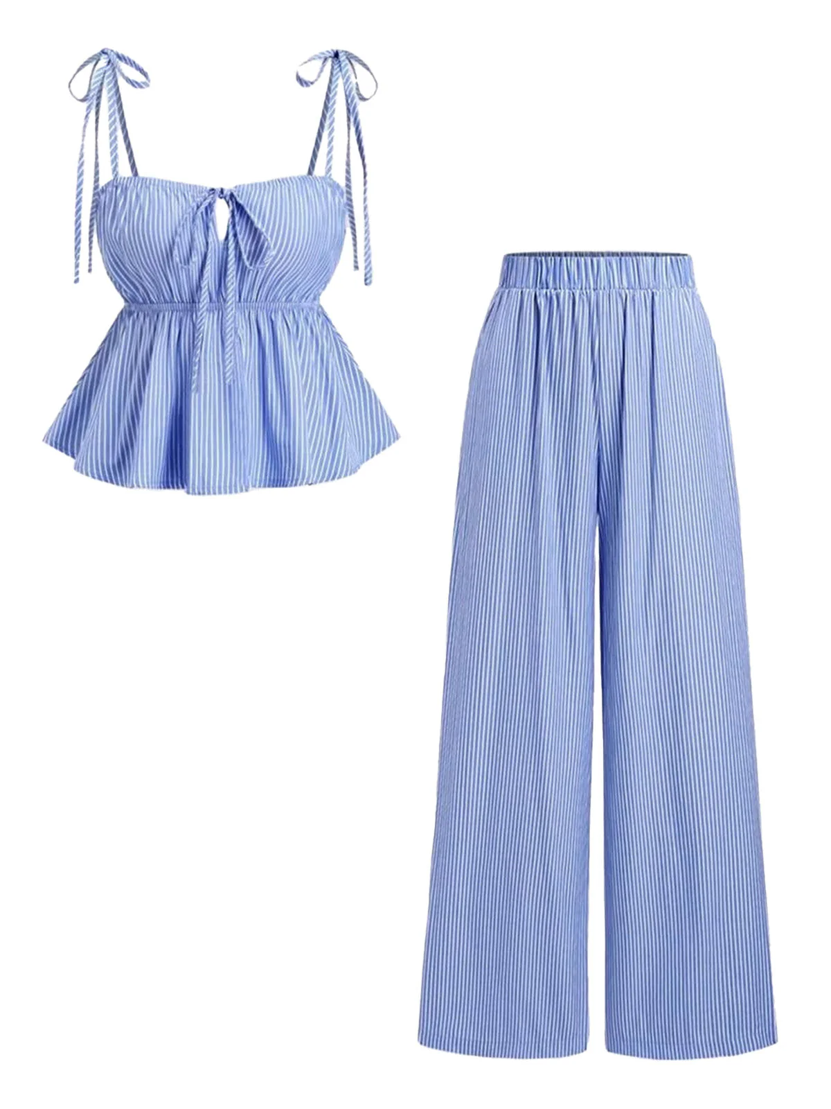 2PCS Ensemble haut péplum rayé et pantalon large années 1950 - Image 3