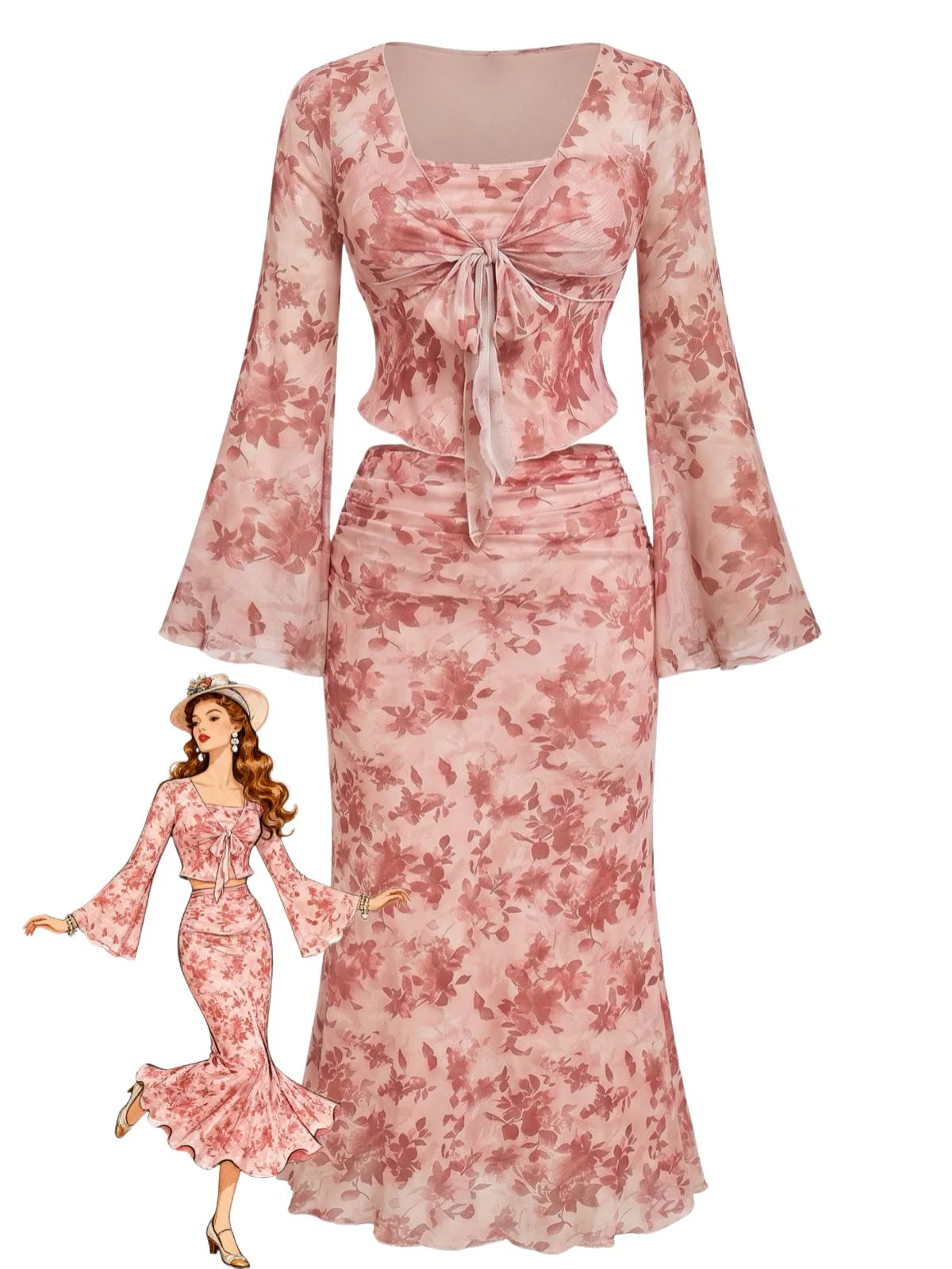 2PCS Ensemble jupe et haut manches évasées et motif floral rose années 1970