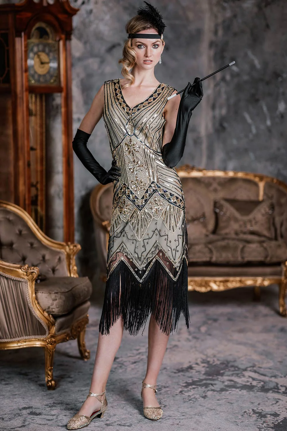 2PCS Ensemble Robe et Accessoires Champagne des Années 1920 - Image 2