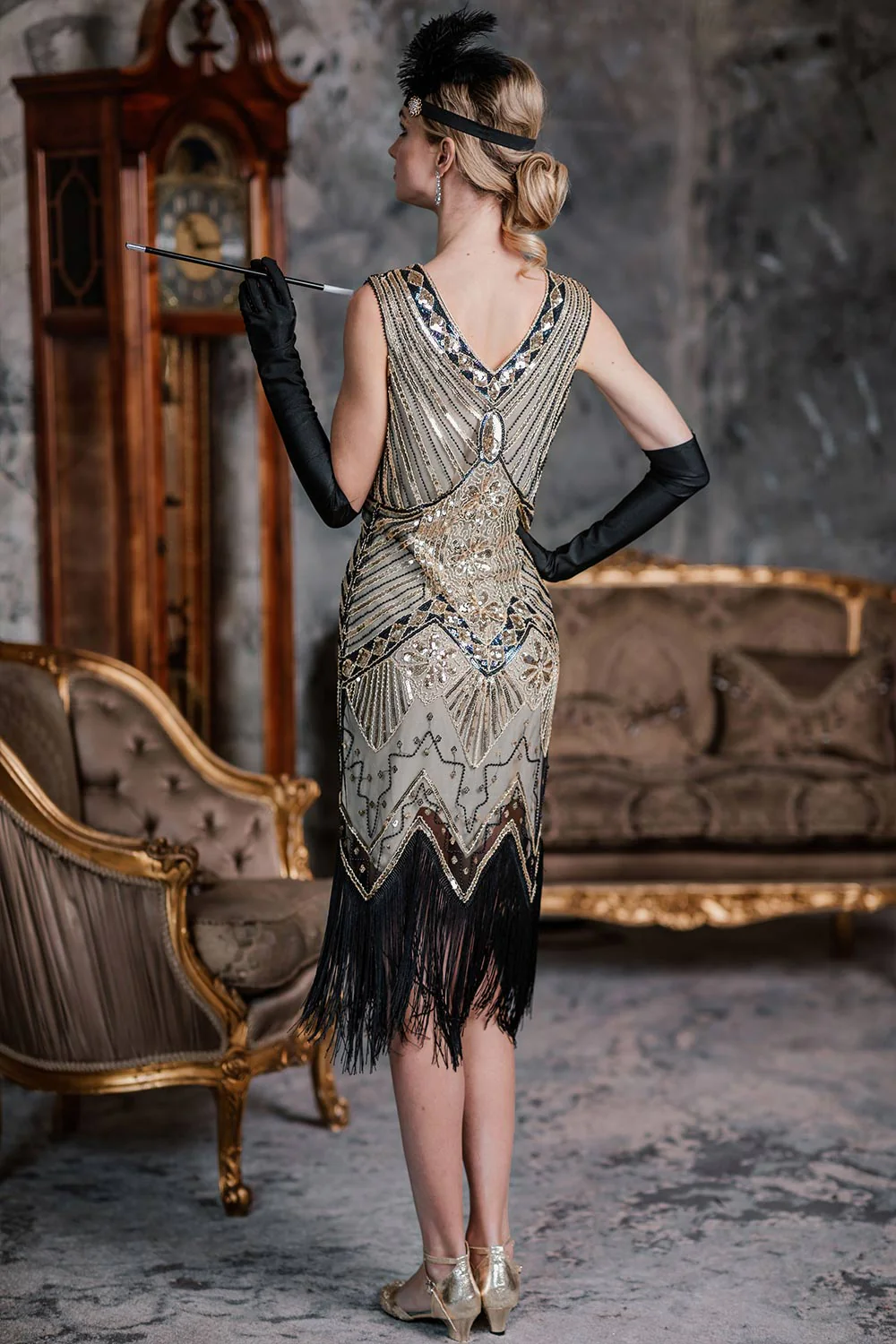 2PCS Ensemble Robe et Accessoires Champagne des Années 1920 - Image 4