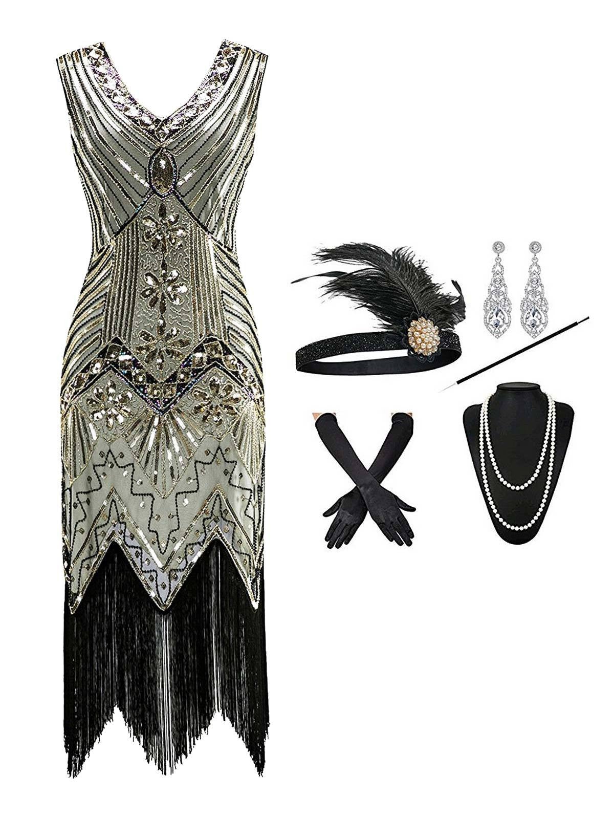 2PCS Ensemble Robe et Accessoires Champagne des Années 1920 - Image 5