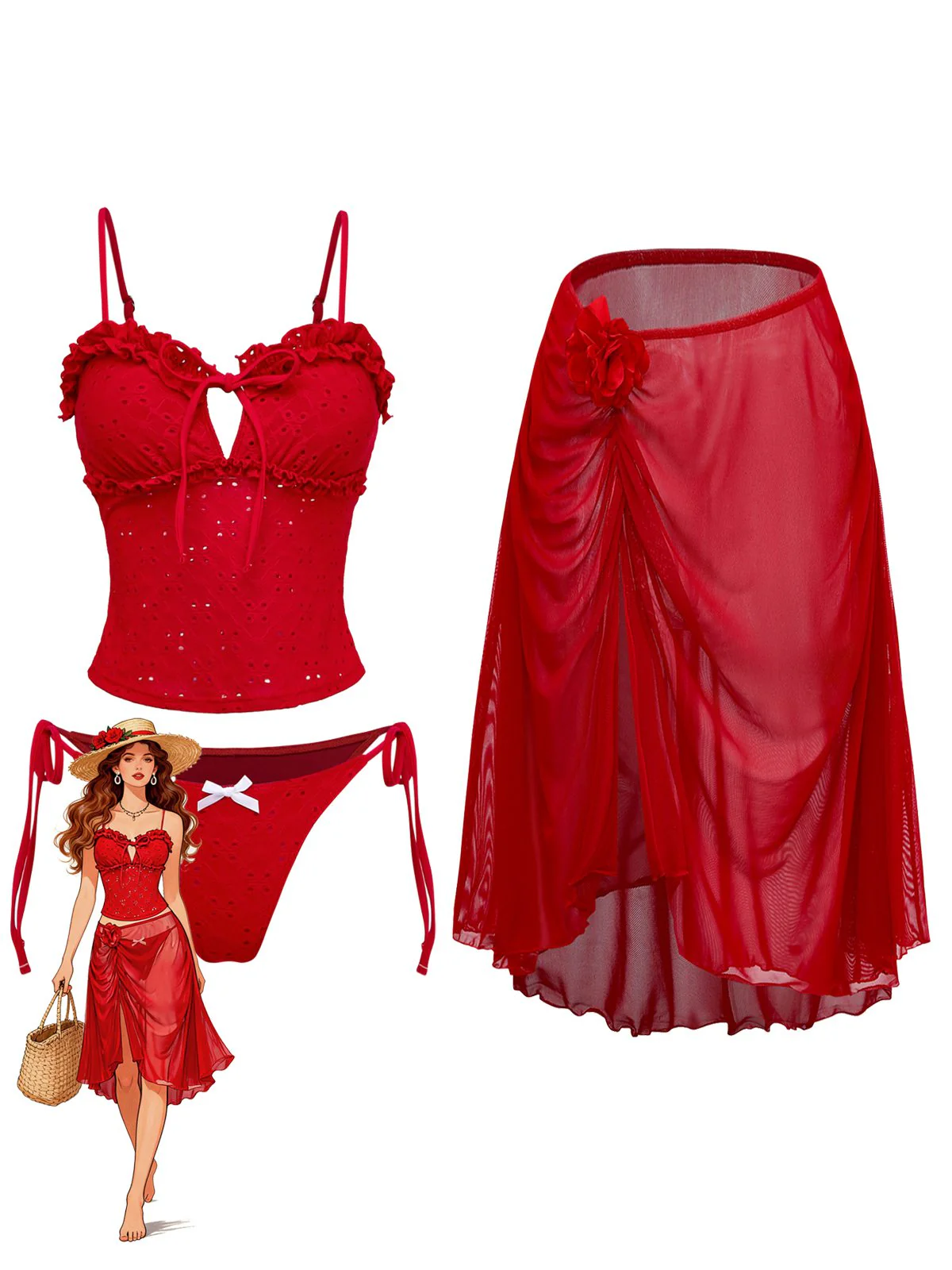 2PCS Ensemble tankini rouge à découpes et volants paréo années 60 - Image 2