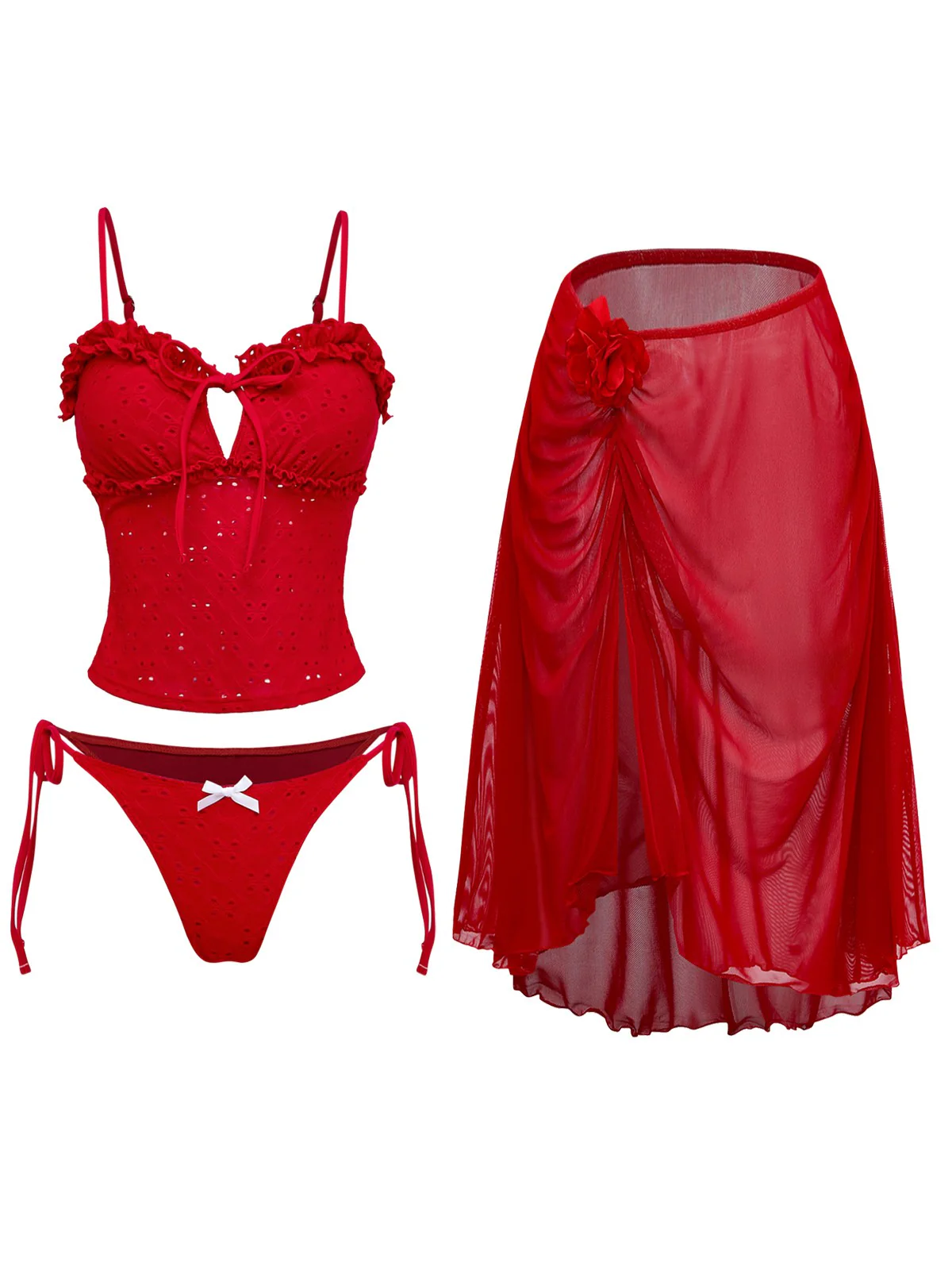 2PCS Ensemble tankini rouge à découpes et volants paréo années 60 - Image 3