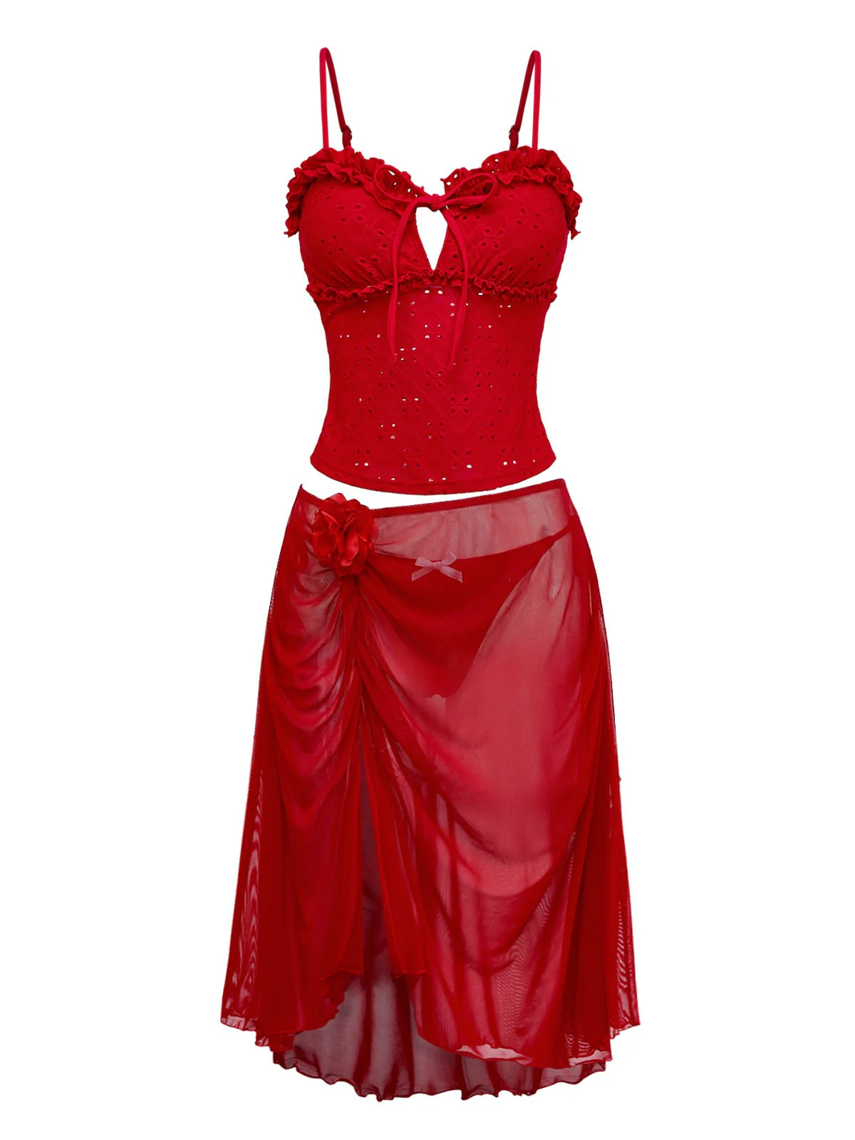 2PCS Ensemble tankini rouge à découpes et volants paréo années 60 - Image 4