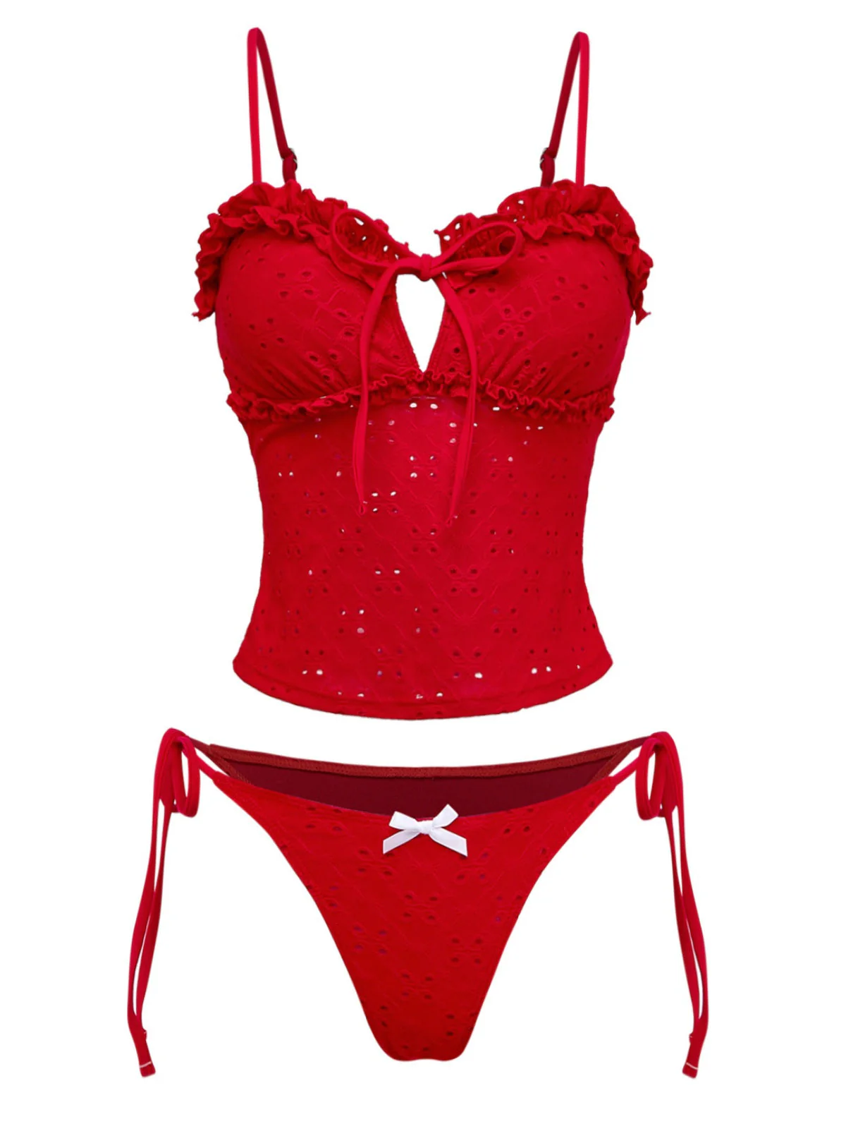 2PCS Ensemble tankini rouge à découpes et volants paréo années 60 - Image 7