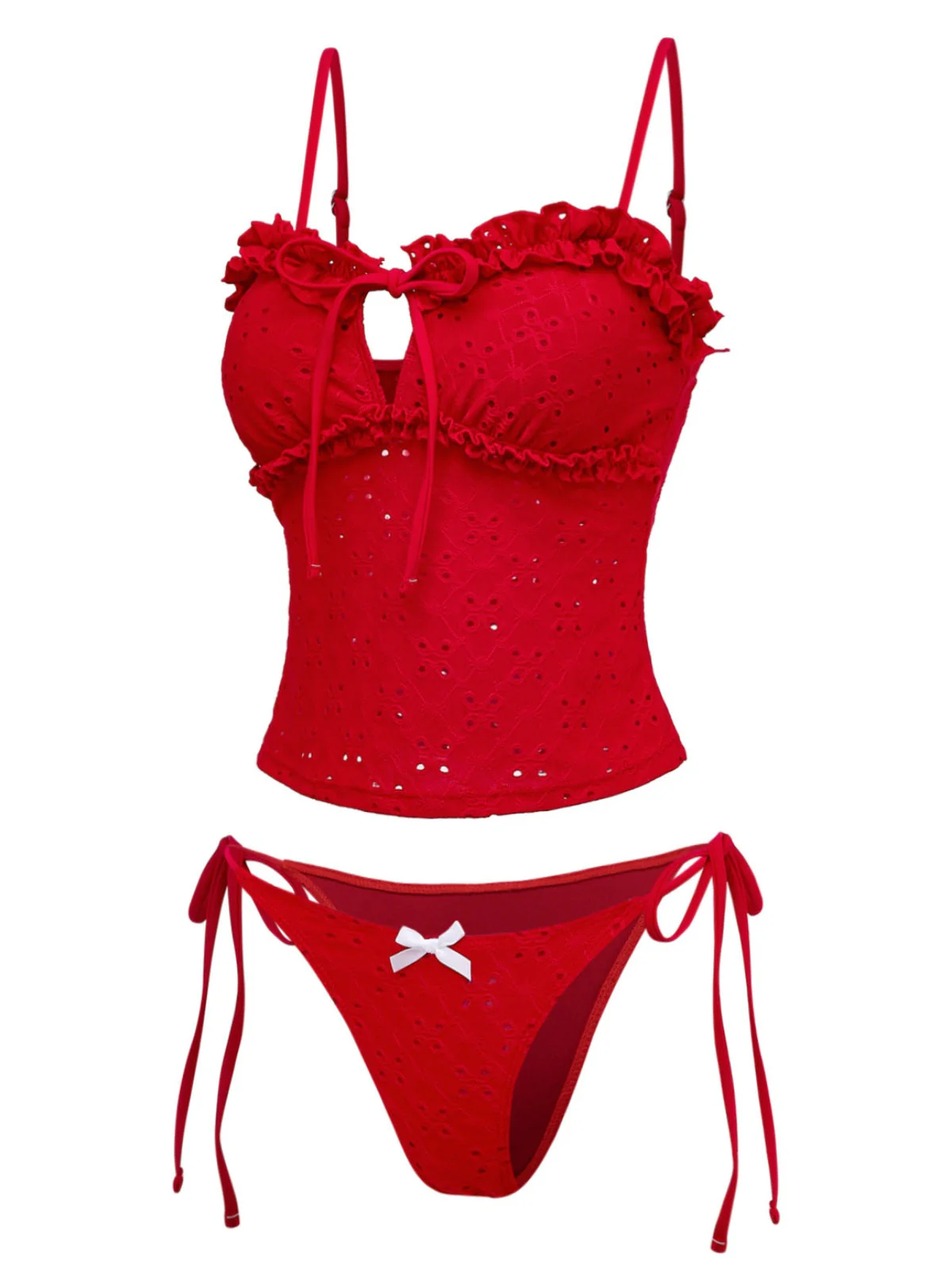 2PCS Ensemble tankini rouge à découpes et volants paréo années 60 - Image 8