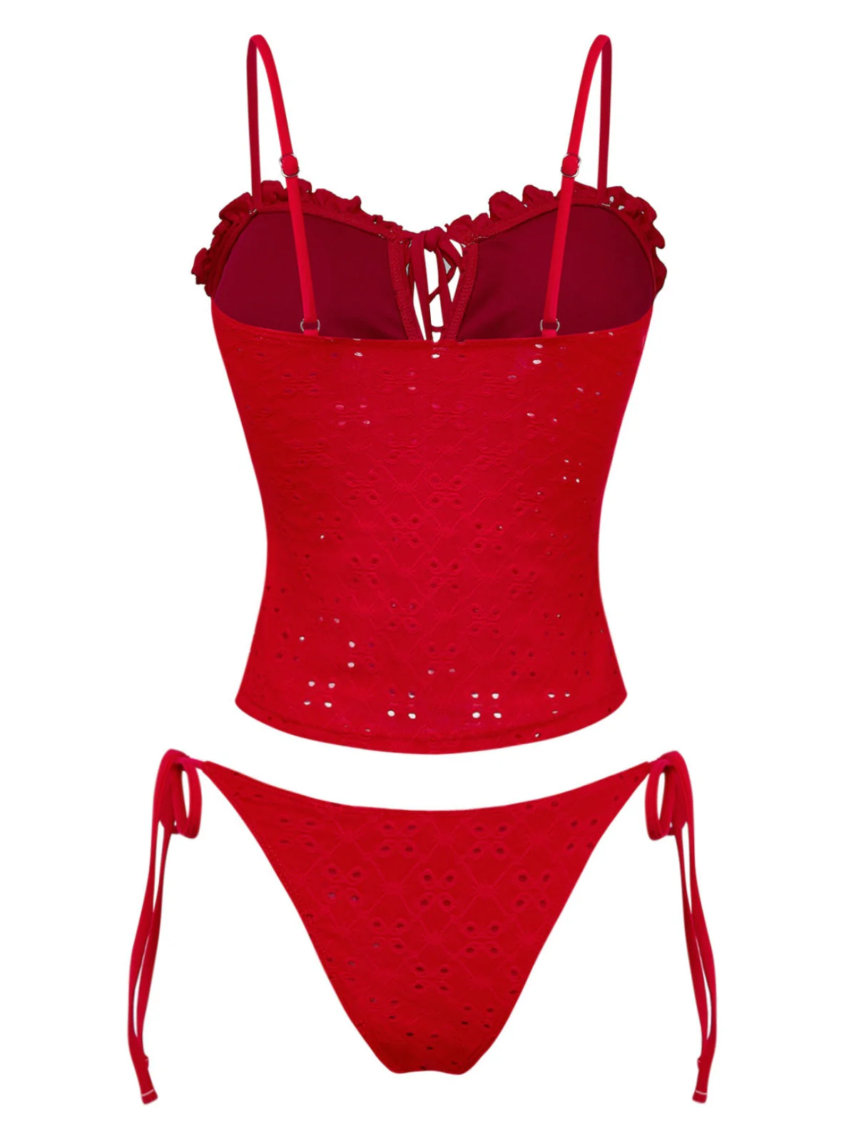 2PCS Ensemble tankini rouge à découpes et volants paréo années 60 - Image 9