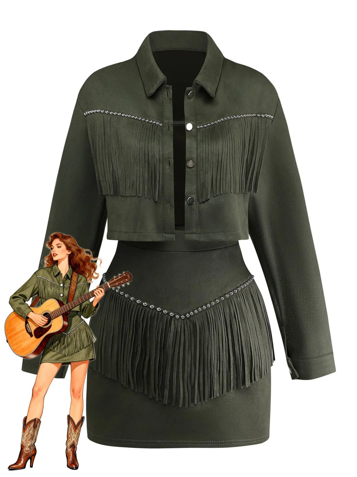 2PCS Ensemble veste suédine revers frangés et mini-jupe moulante années 1960