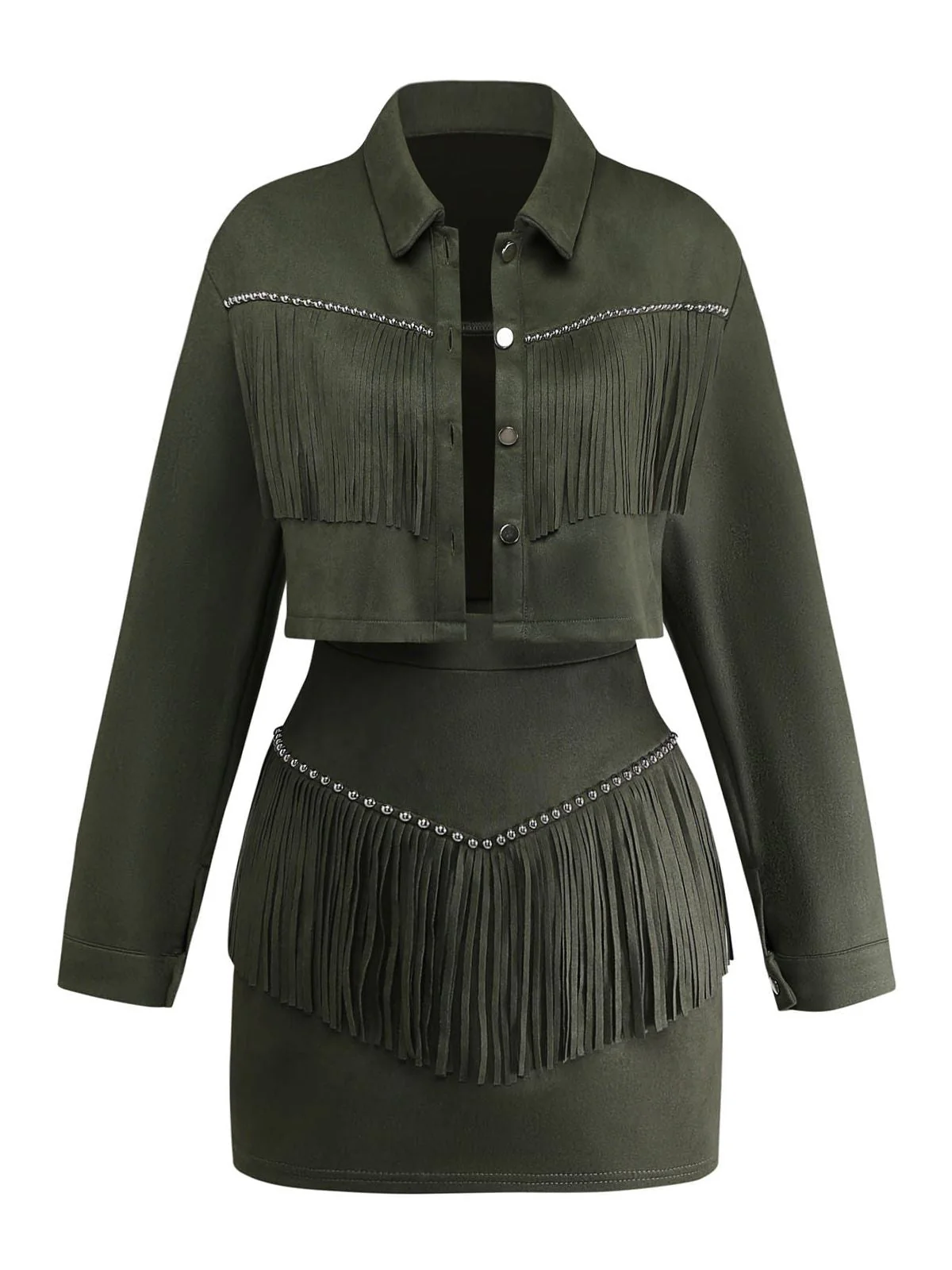 2PCS Ensemble veste suédine revers frangés et mini-jupe moulante années 1960 - Image 2