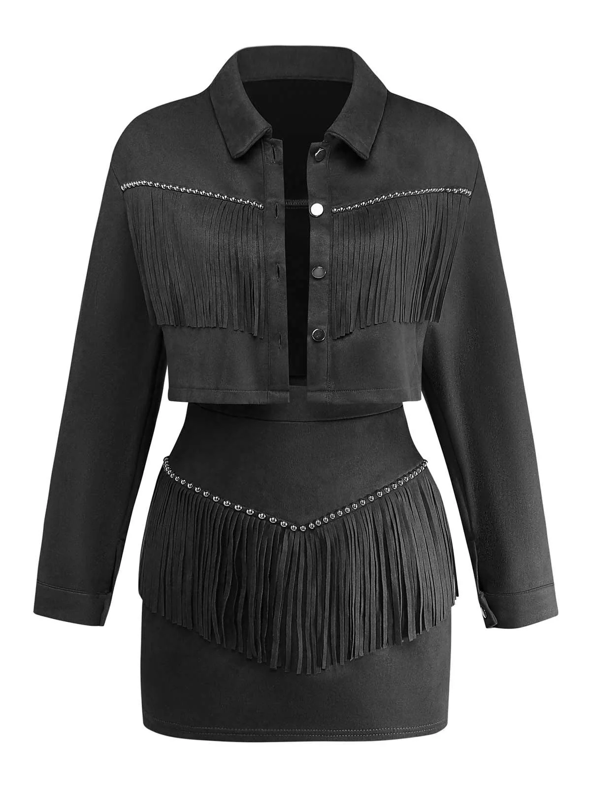 2PCS Ensemble veste suédine revers frangés et mini-jupe moulante années 1960 - Image 9