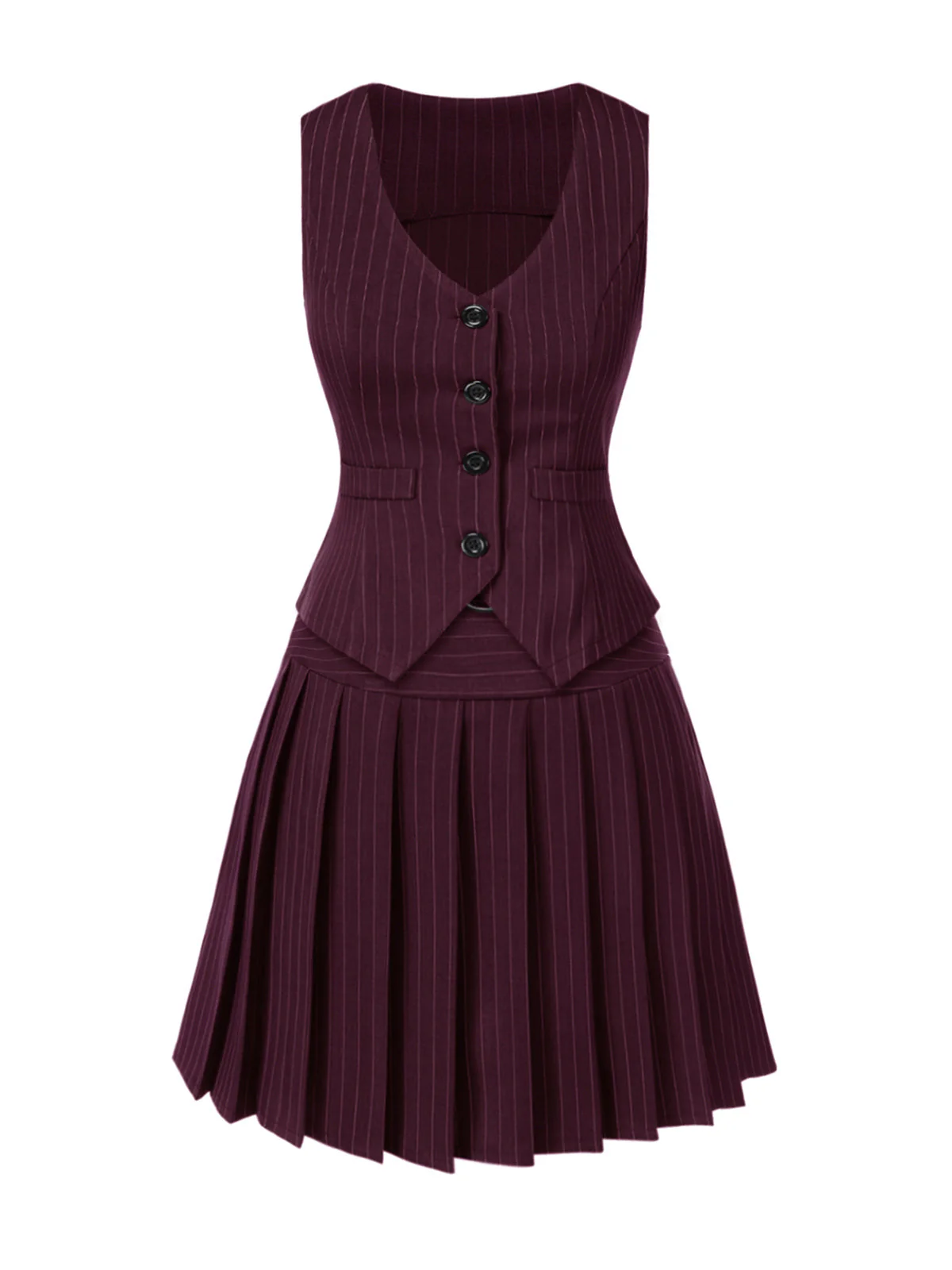 2PCS Gilet à rayures fines vin rouge et jupe plissée des années 60 - Image 4