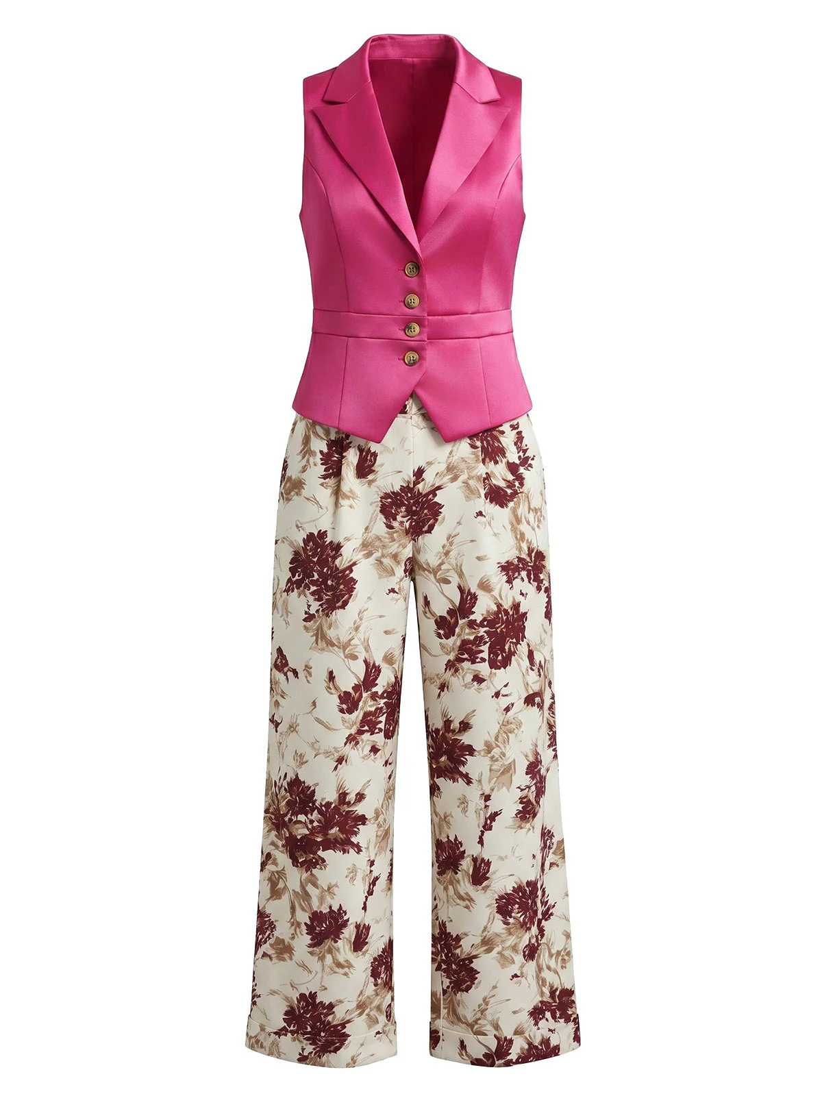 2PCS Gilet à Revers Boutonné & Pantalon Floral Rouge Années 50 - Image 2