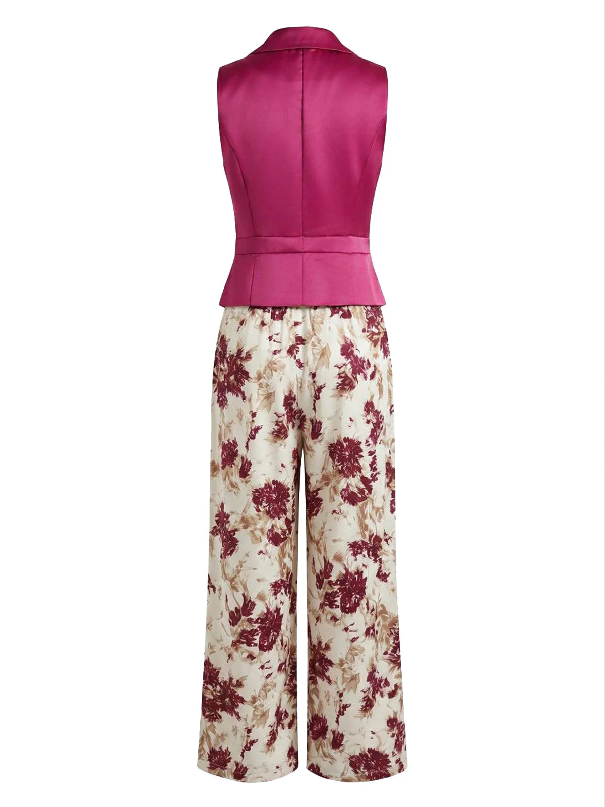 2PCS Gilet à Revers Boutonné & Pantalon Floral Rouge Années 50 - Image 3