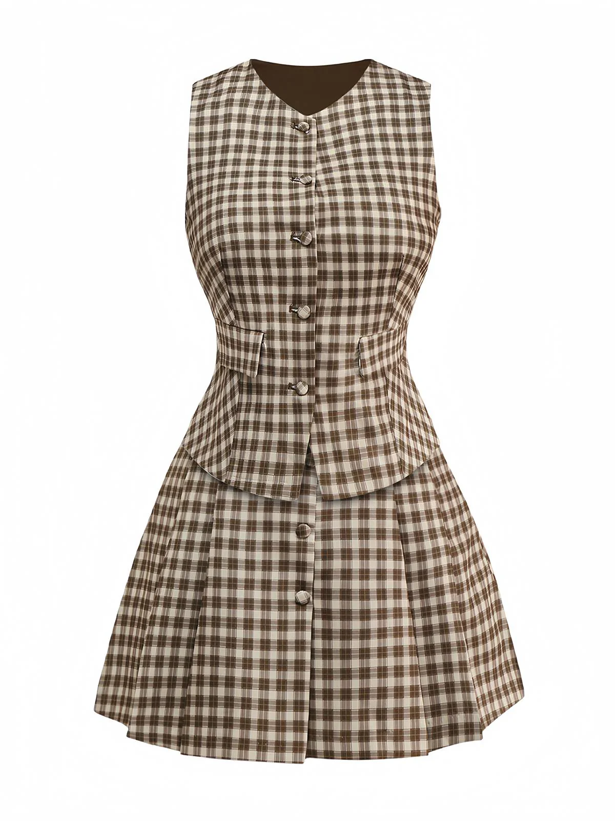 2PCS Gilet et jupe plissés à carreaux vichy marron des années 1960